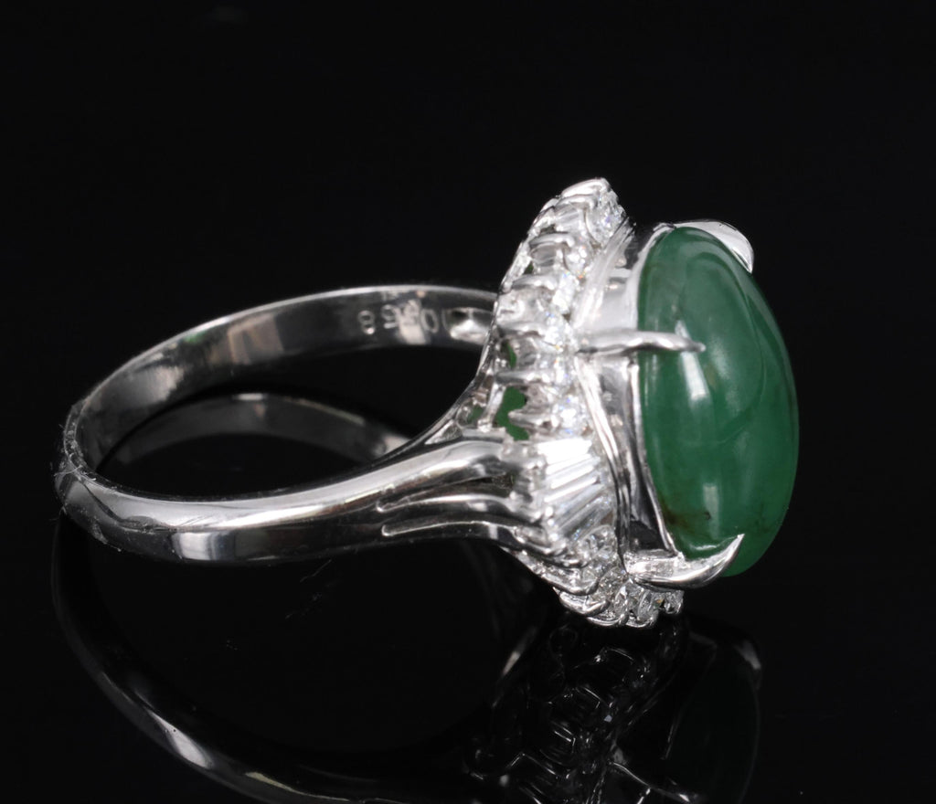 6.28ct Natural Forest Green Jadeite Jade & 0.55ct Diamond Platinum Ring Size 7.5