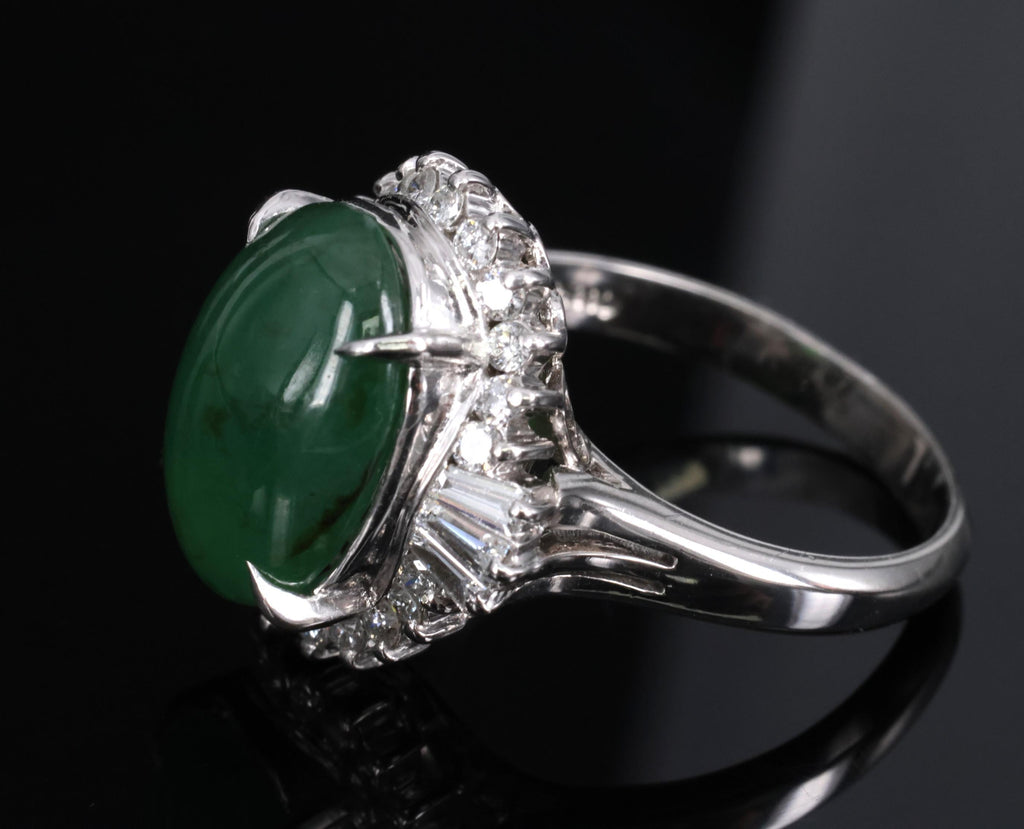 6.28ct Natural Forest Green Jadeite Jade & 0.55ct Diamond Platinum Ring Size 7.5