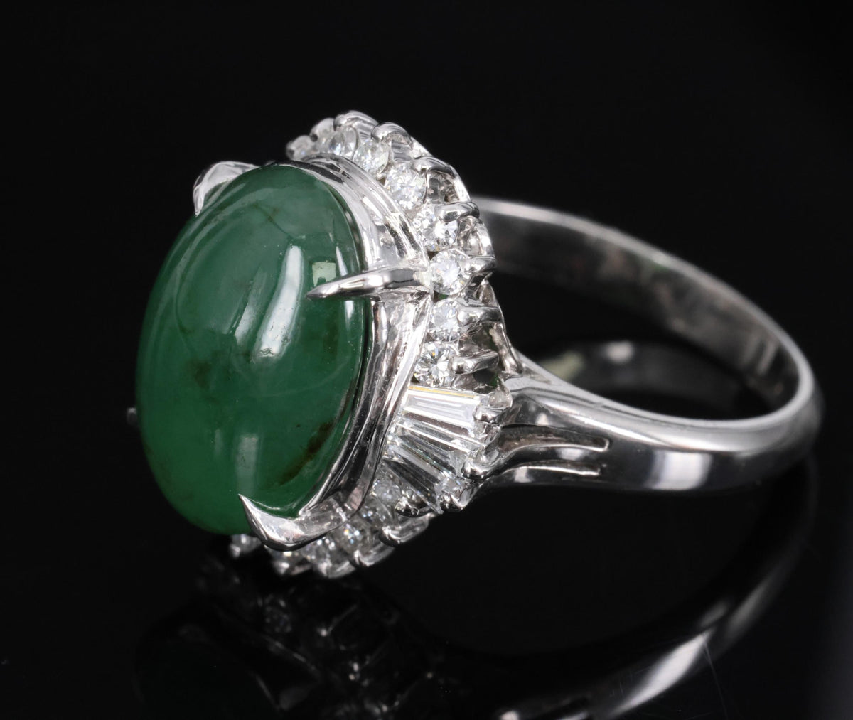 6.28ct Natural Forest Green Jadeite Jade & 0.55ct Diamond Platinum Ring Size 7.5