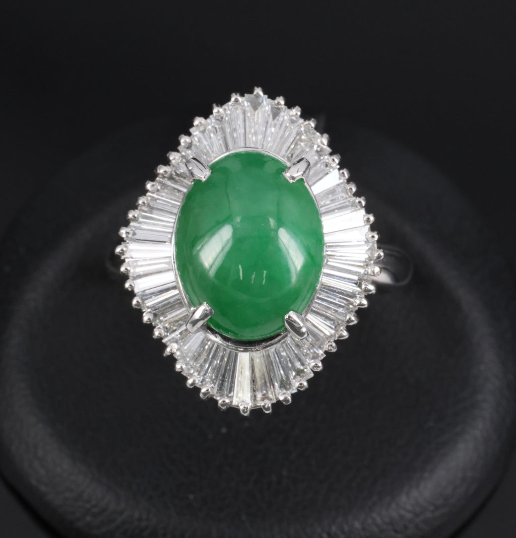 4.10ct Natural Untreated Jadeite Jade & 1.20ct Diamond Halo Platinum Ring Size 8