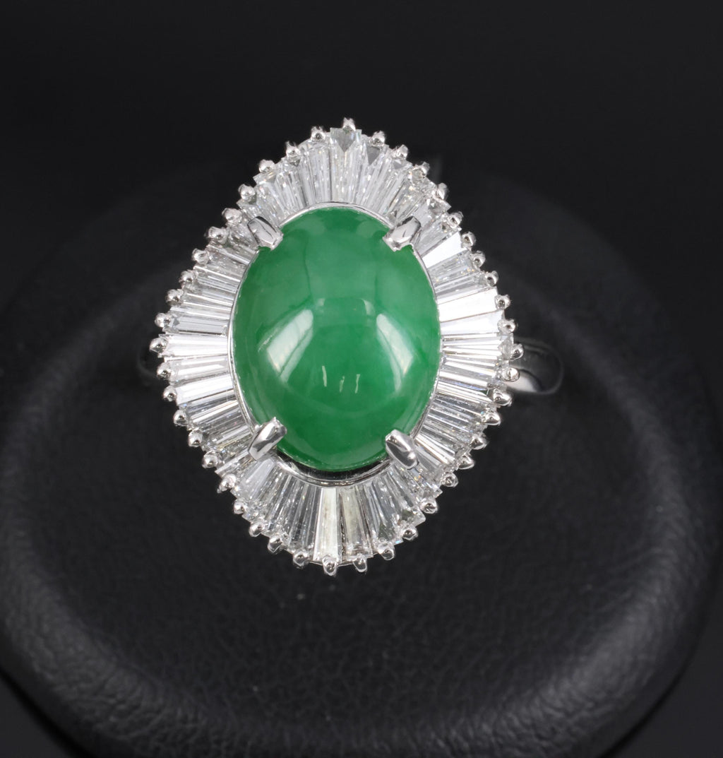 4.10ct Natural Untreated Jadeite Jade & 1.20ct Diamond Halo Platinum Ring Size 8
