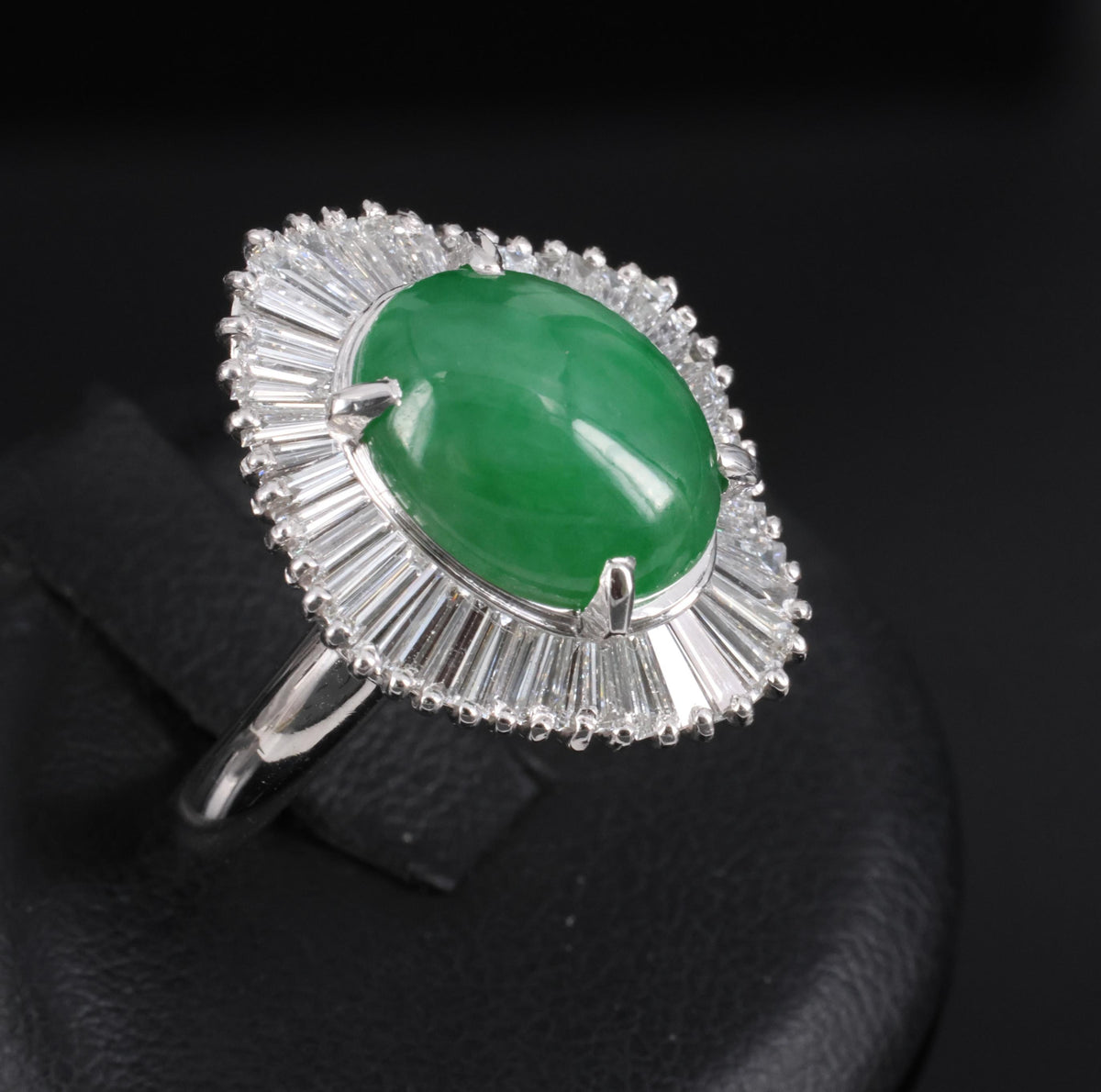 4.10ct Natural Untreated Jadeite Jade & 1.20ct Diamond Halo Platinum Ring Size 8