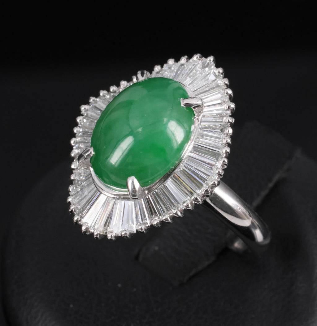 4.10ct Natural Untreated Jadeite Jade & 1.20ct Diamond Halo Platinum Ring Size 8