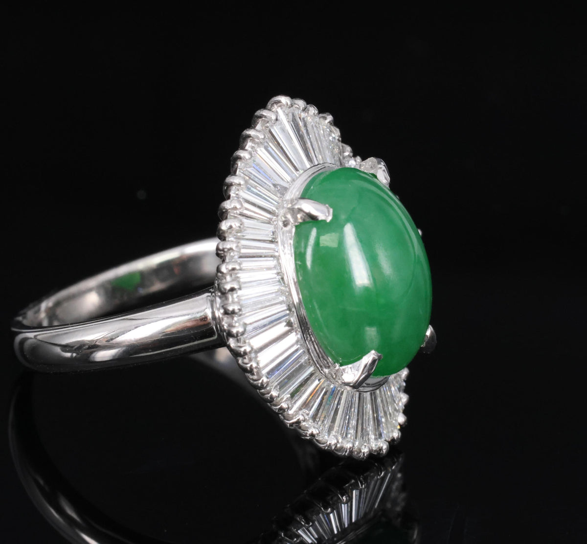 4.10ct Natural Untreated Jadeite Jade & 1.20ct Diamond Halo Platinum Ring Size 8
