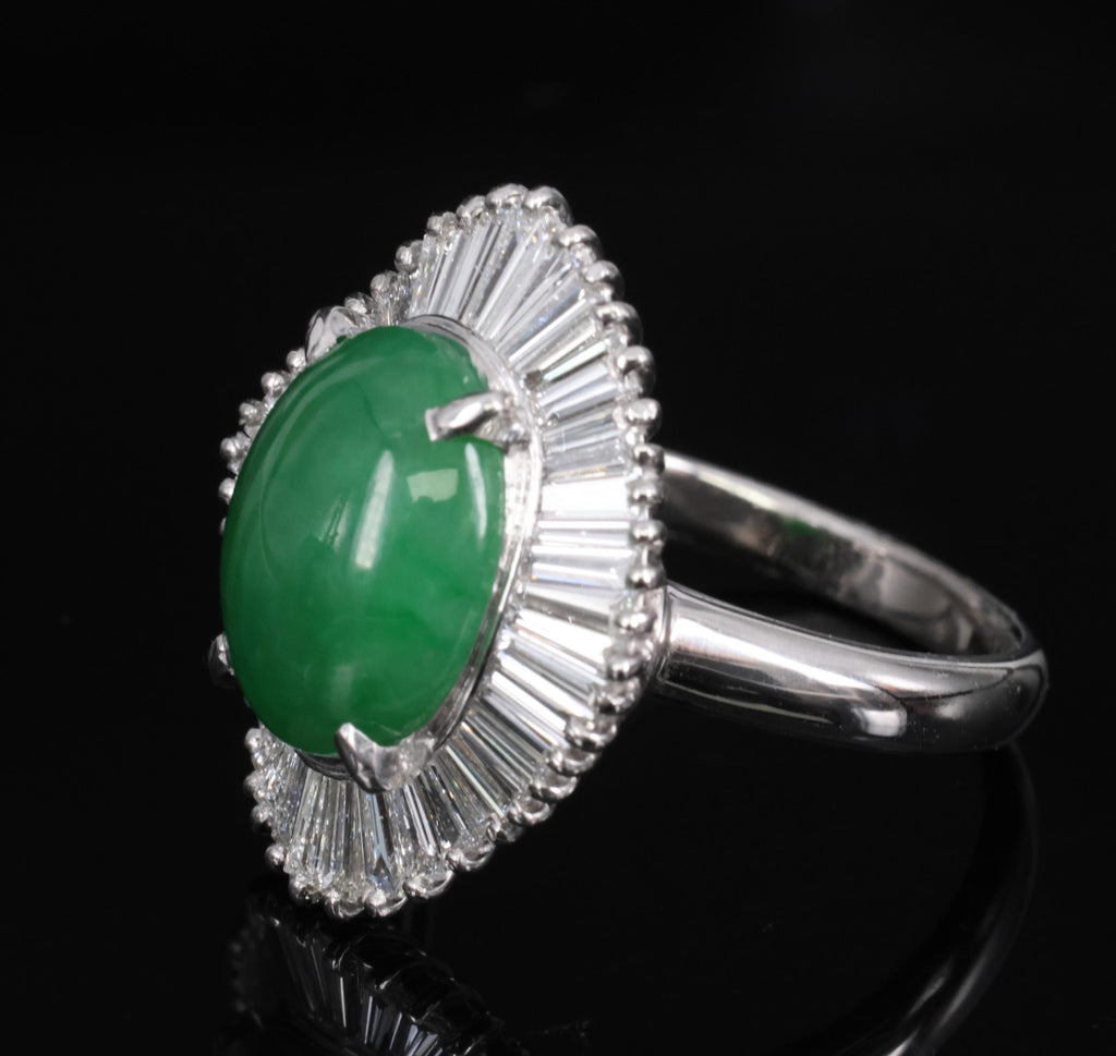 4.10ct Natural Untreated Jadeite Jade & 1.20ct Diamond Halo Platinum Ring Size 8