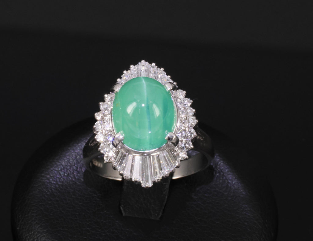 5.25ct GIA Certified Cat's Eye Emerald & 1.07ct Diamond Platinum Ring, Size 7.25