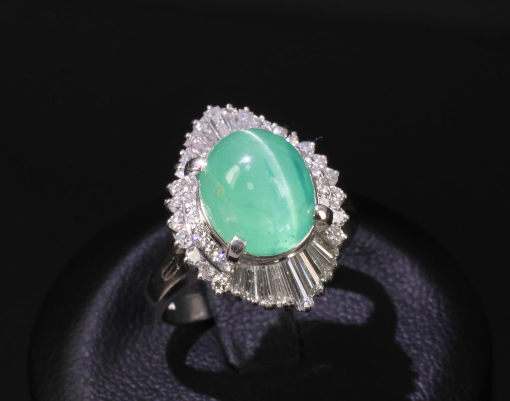5.25ct GIA Certified Cat's Eye Emerald & 1.07ct Diamond Platinum Ring, Size 7.25