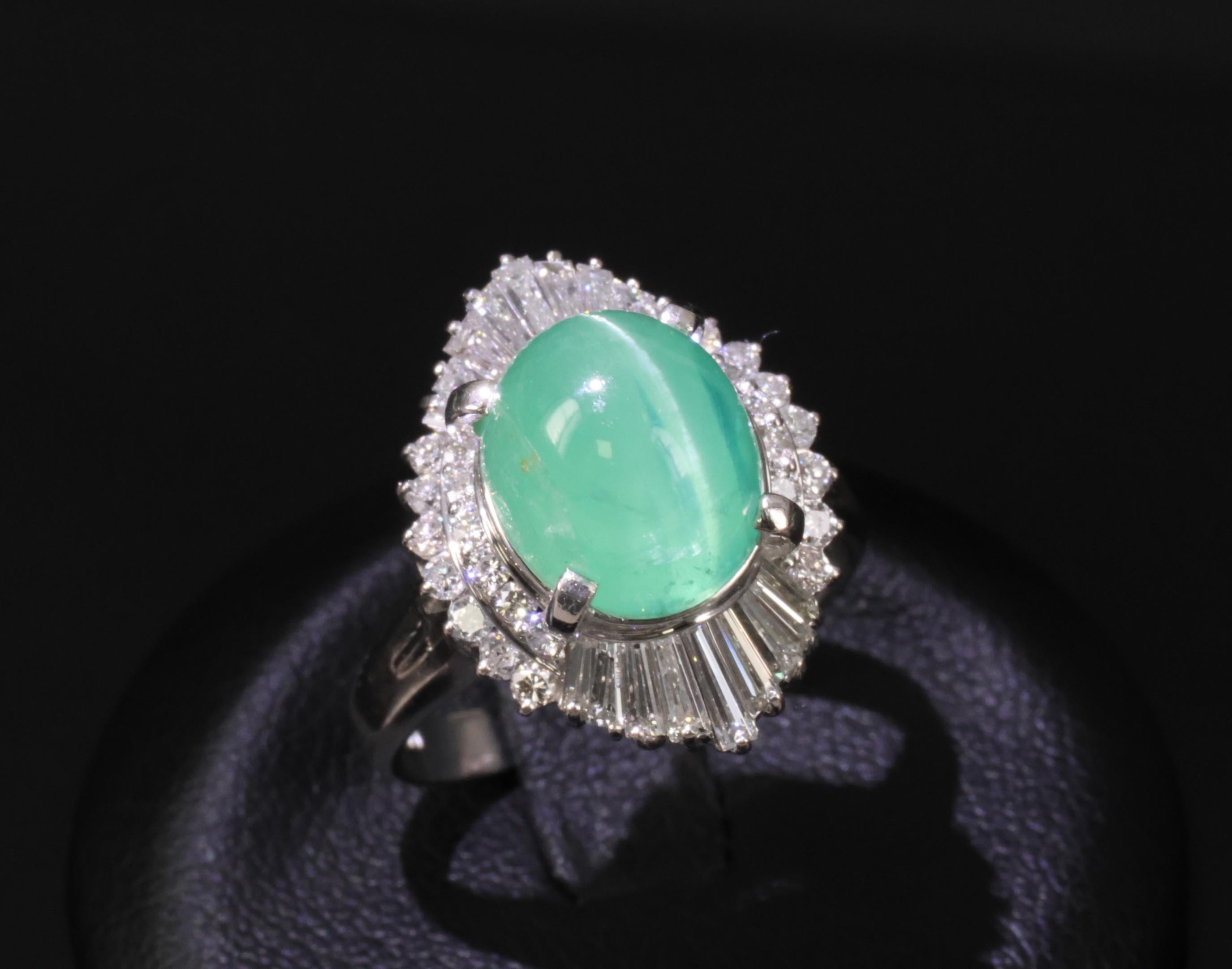 5.25ct GIA Certified Cat's Eye Emerald & 1.07ct Diamond Platinum Ring, Size 7.25