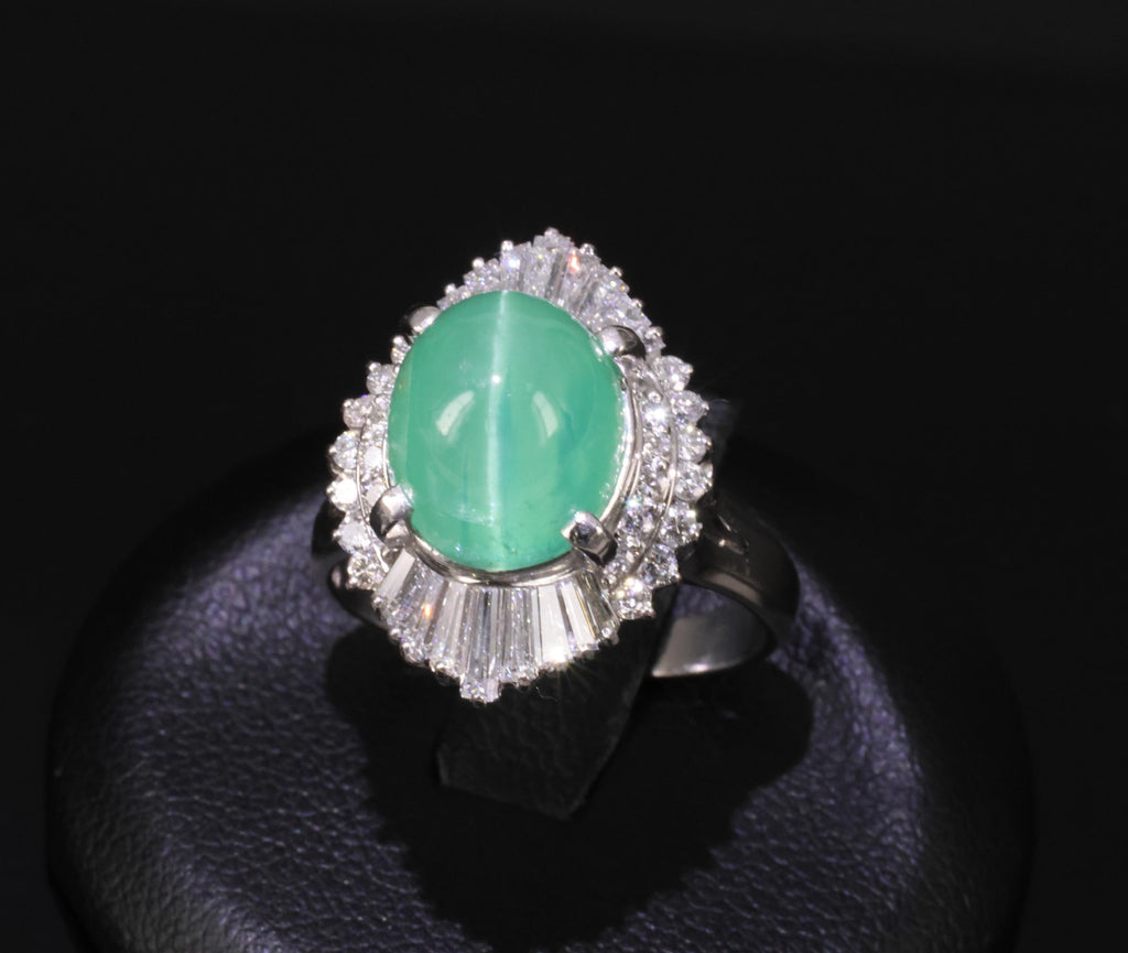 5.25ct GIA Certified Cat's Eye Emerald & 1.07ct Diamond Platinum Ring, Size 7.25