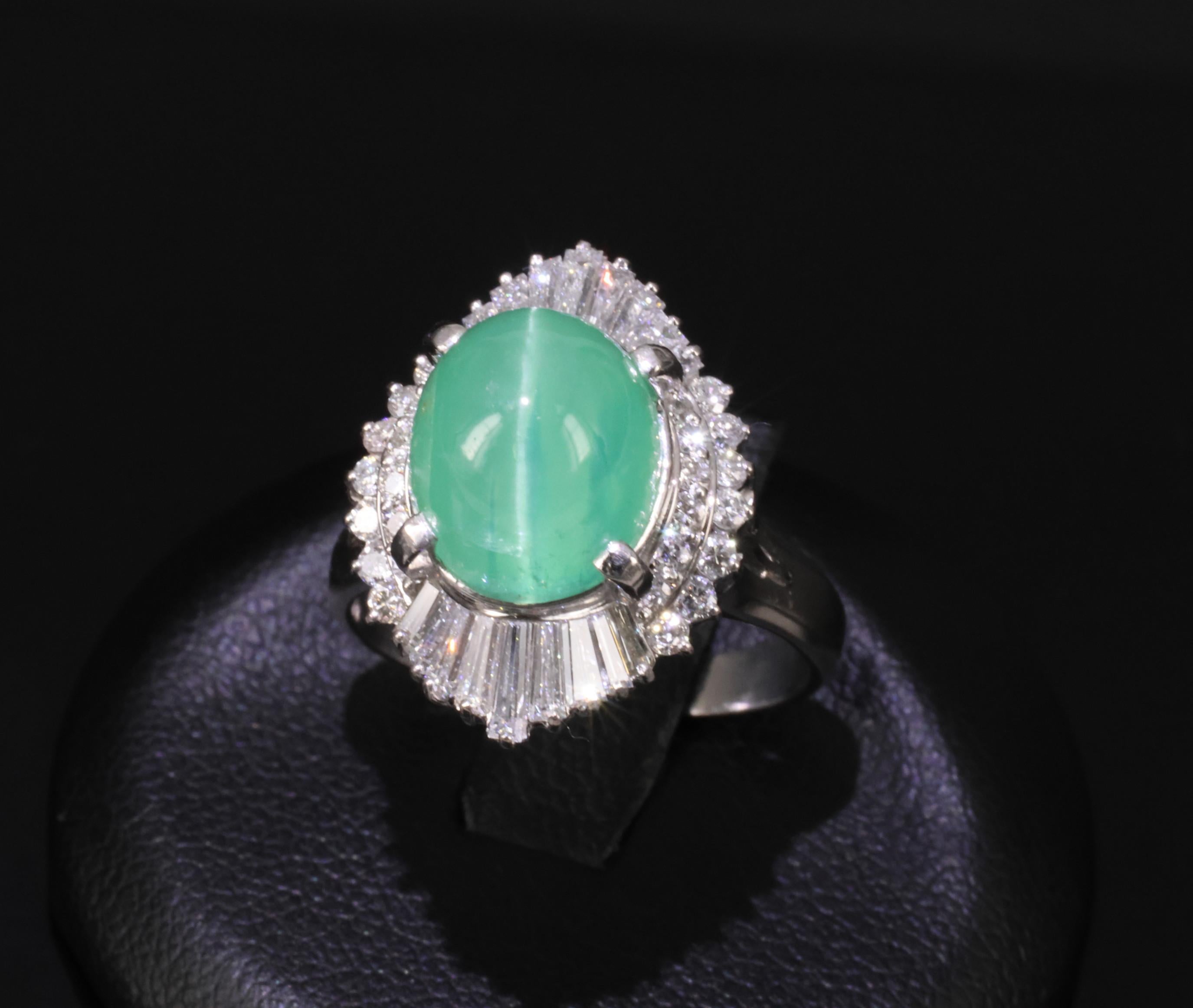 5.25ct GIA Certified Cat's Eye Emerald & 1.07ct Diamond Platinum Ring, Size 7.25