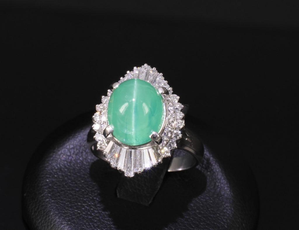 5.25ct GIA Certified Cat's Eye Emerald & 1.07ct Diamond Platinum Ring, Size 7.25