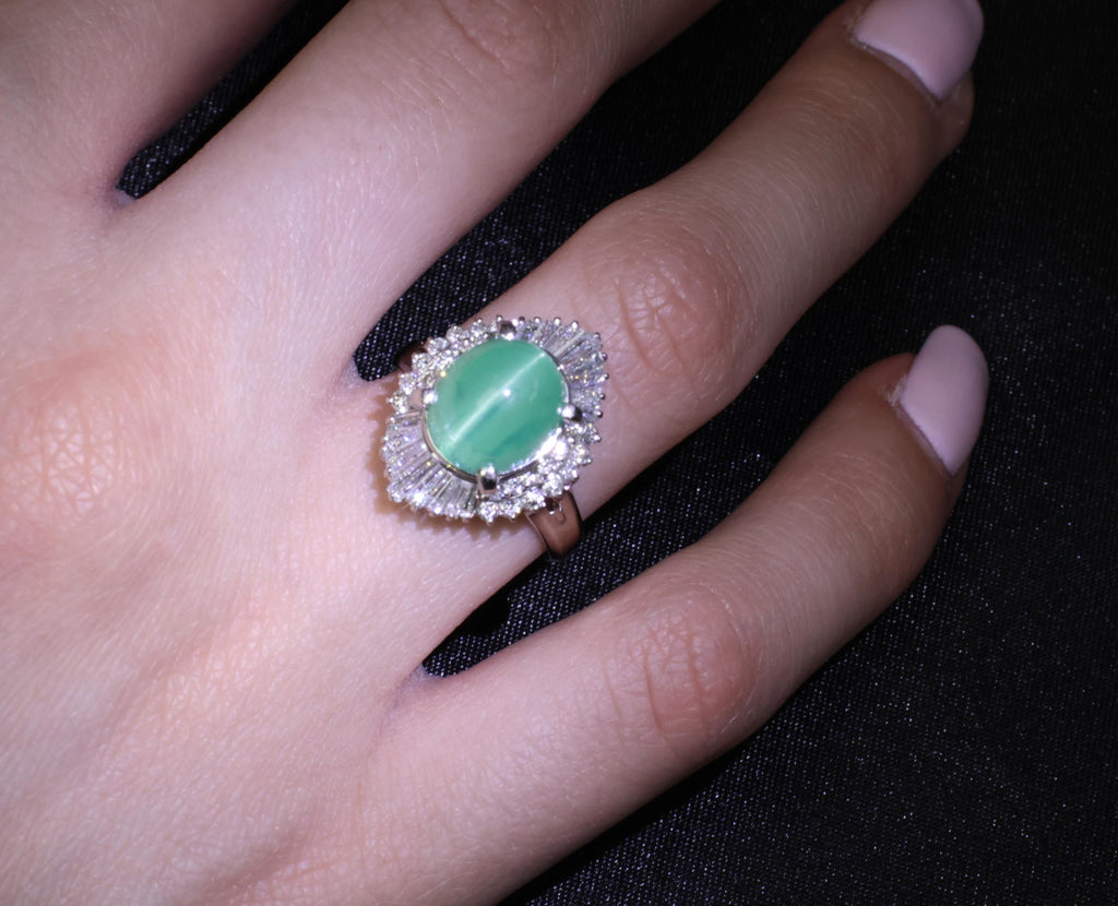 5.25ct GIA Certified Cat's Eye Emerald & 1.07ct Diamond Platinum Ring, Size 7.25