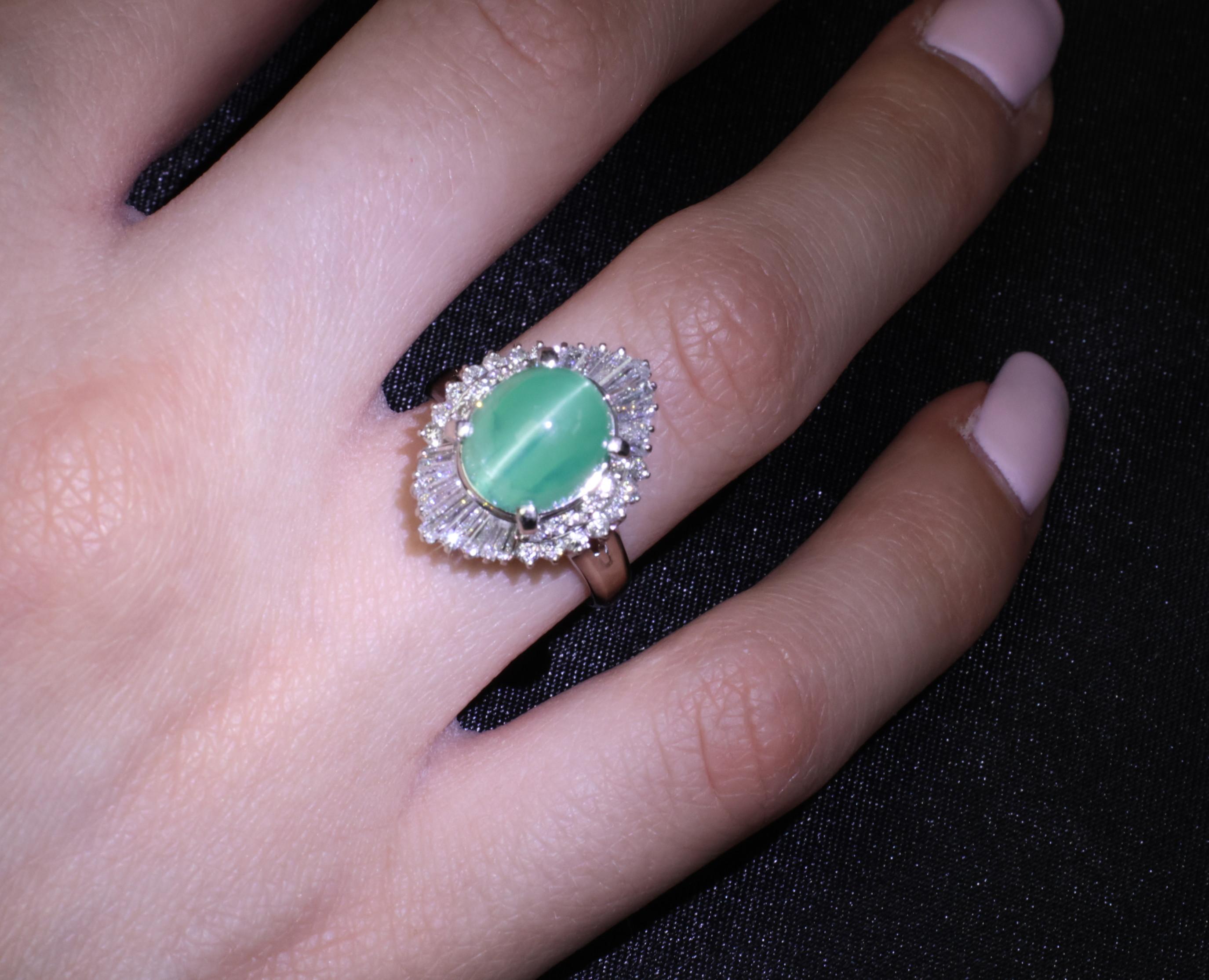 5.25ct GIA Certified Cat's Eye Emerald & 1.07ct Diamond Platinum Ring, Size 7.25