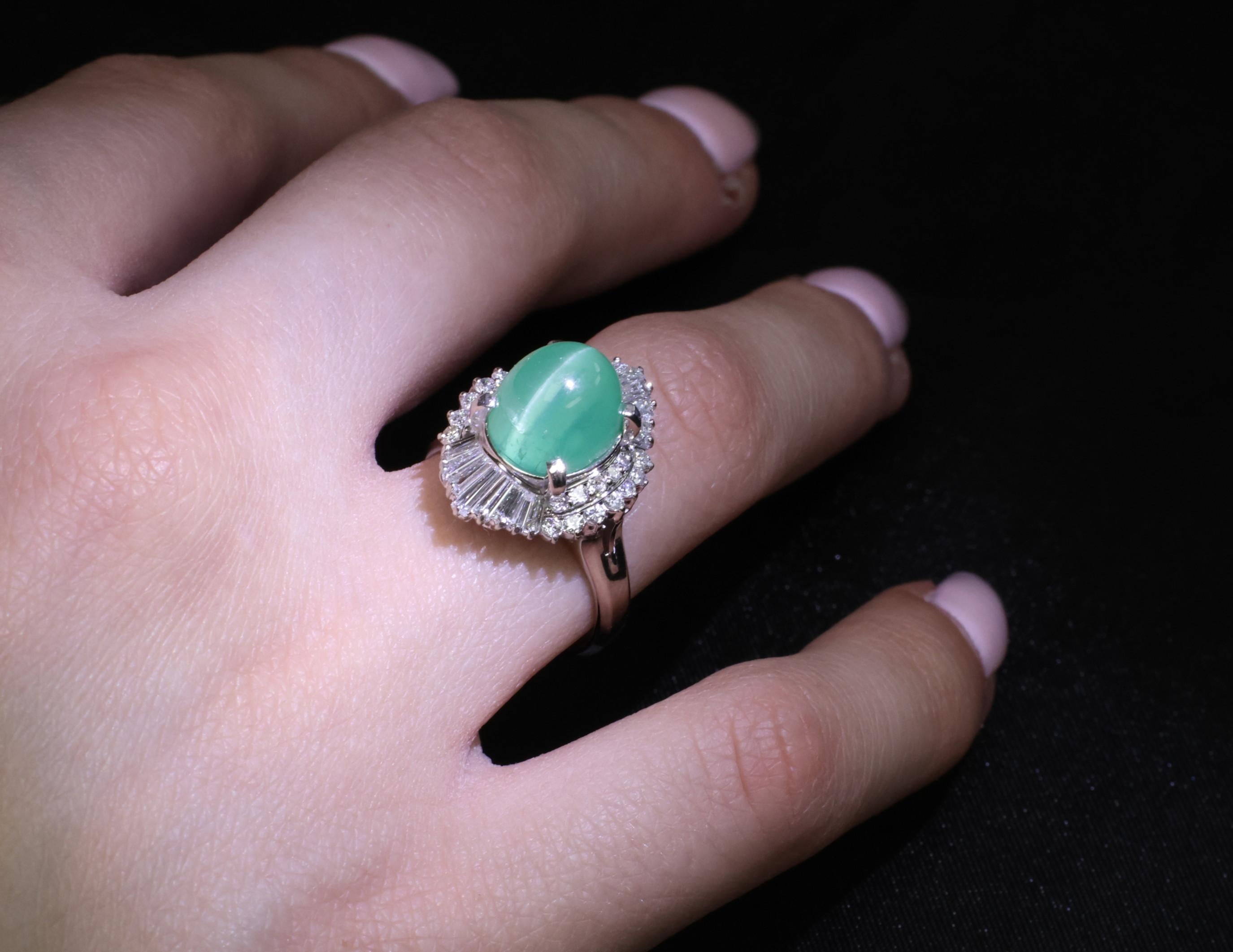 5.25ct GIA Certified Cat's Eye Emerald & 1.07ct Diamond Platinum Ring, Size 7.25