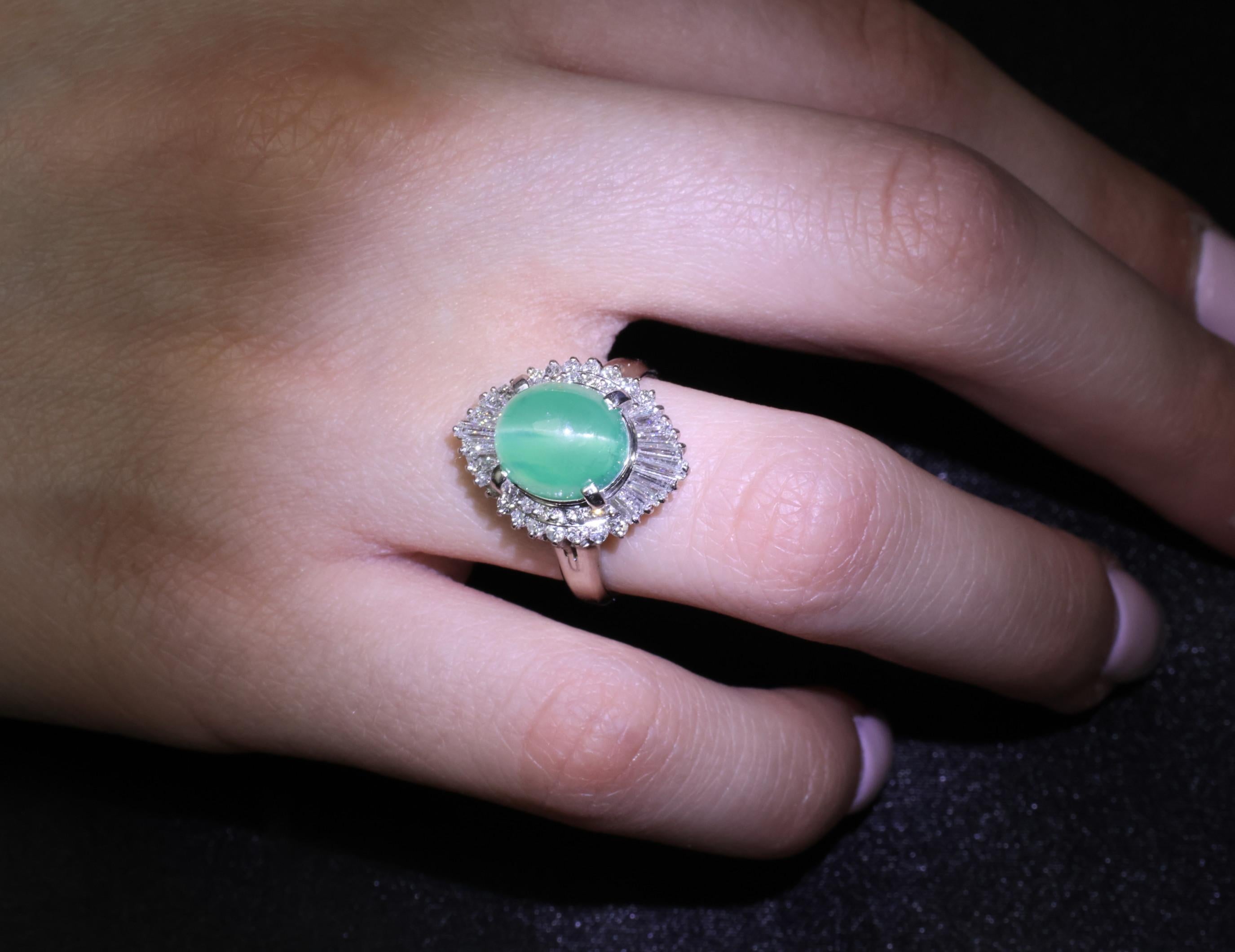 5.25ct GIA Certified Cat's Eye Emerald & 1.07ct Diamond Platinum Ring, Size 7.25