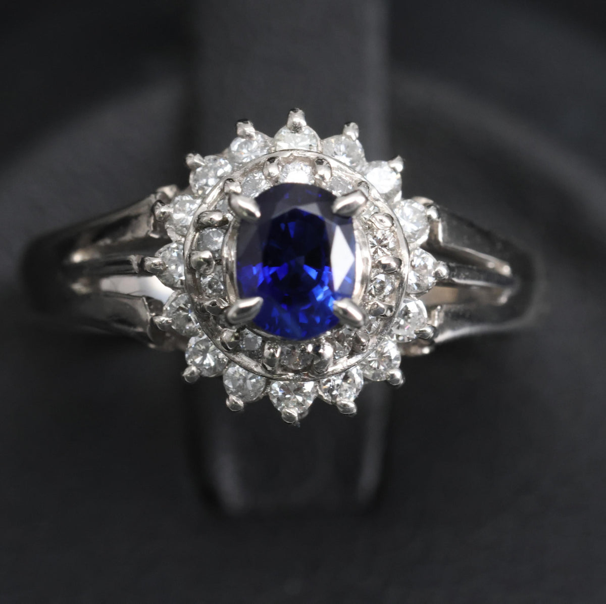 Fine 0.42ct Royal Blue Sapphire & 0.28ct Diamond Halo Platinum Ring, Size 5.5