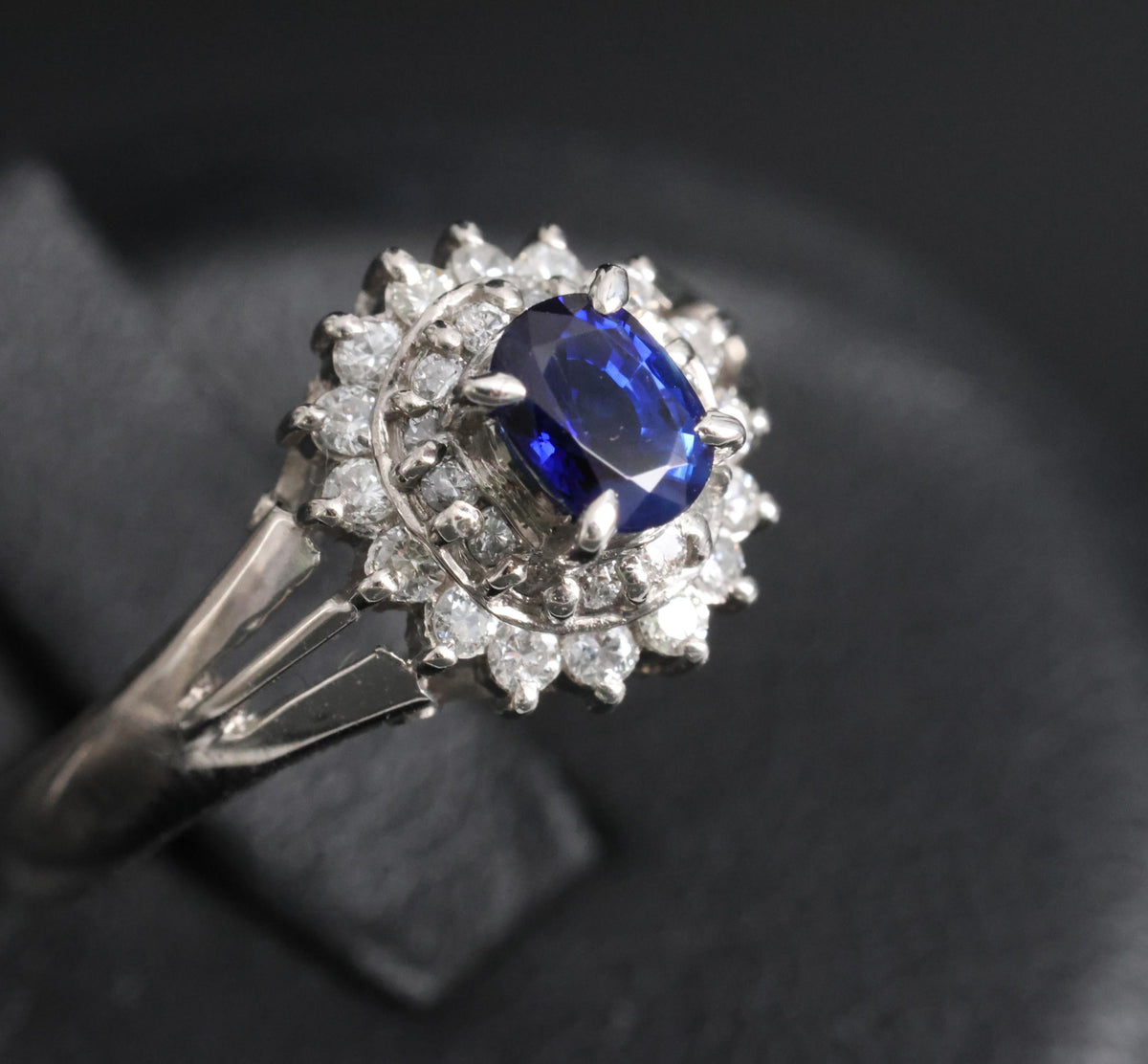 Fine 0.42ct Royal Blue Sapphire & 0.28ct Diamond Halo Platinum Ring, Size 5.5