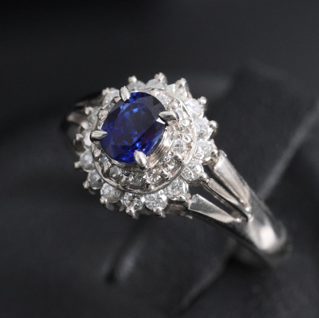 Fine 0.42ct Royal Blue Sapphire & 0.28ct Diamond Halo Platinum Ring, Size 5.5