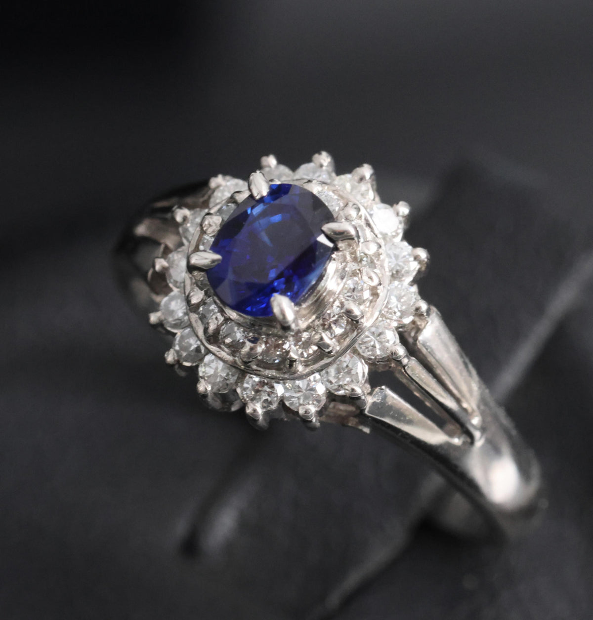 Fine 0.42ct Royal Blue Sapphire & 0.28ct Diamond Halo Platinum Ring, Size 5.5