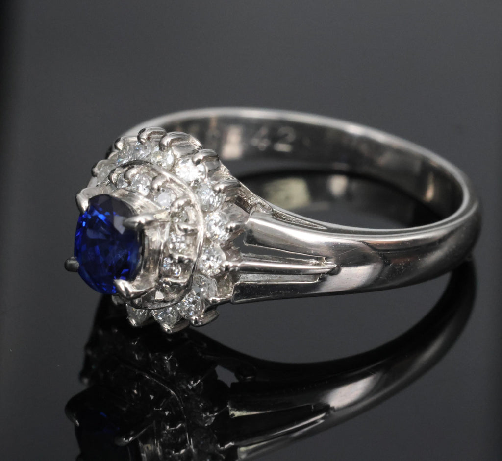 Fine 0.42ct Royal Blue Sapphire & 0.28ct Diamond Halo Platinum Ring, Size 5.5