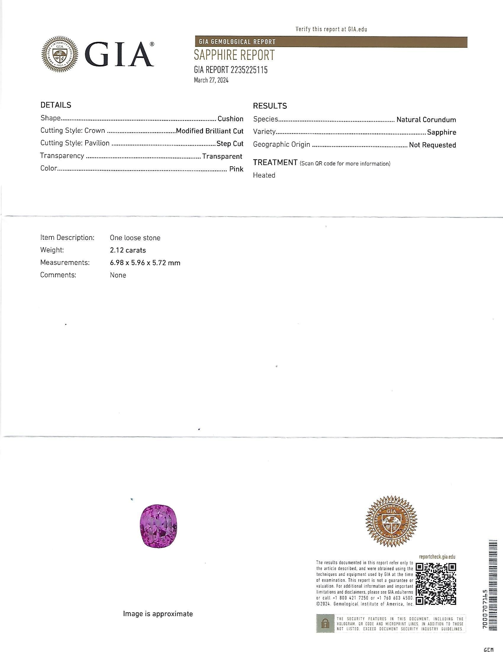 2.12ct GIA Certified Vivid Pink Sapphire & 0.54ct Diamond Platinum Ring Size 5