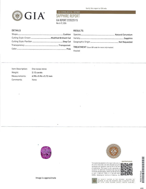 2.12ct GIA Certified Vivid Pink Sapphire & 0.54ct Diamond Platinum Ring Size 5