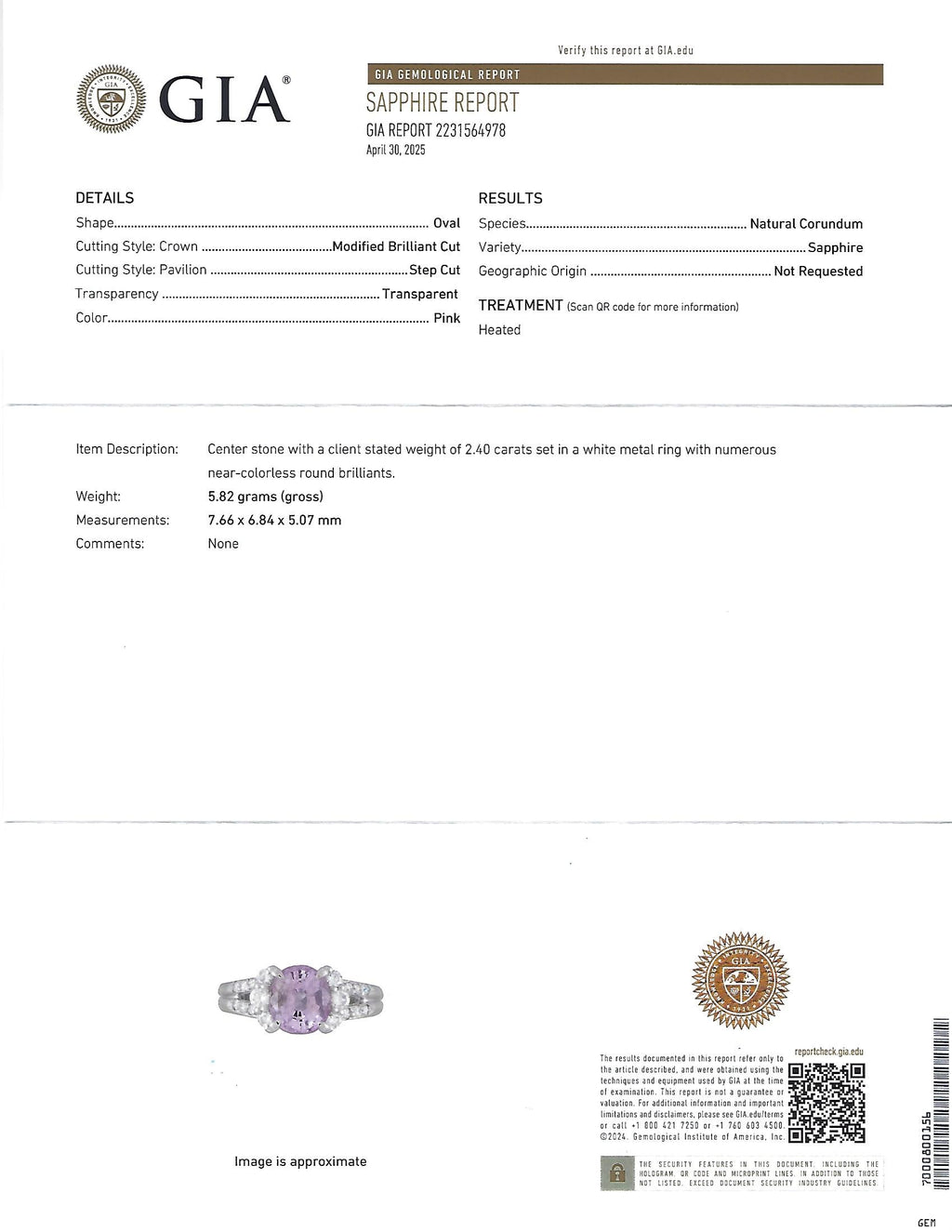Fine 2.40ct GIA Certified Pink Sapphire & 0.34ct Diamond Platinum Ring Size 5