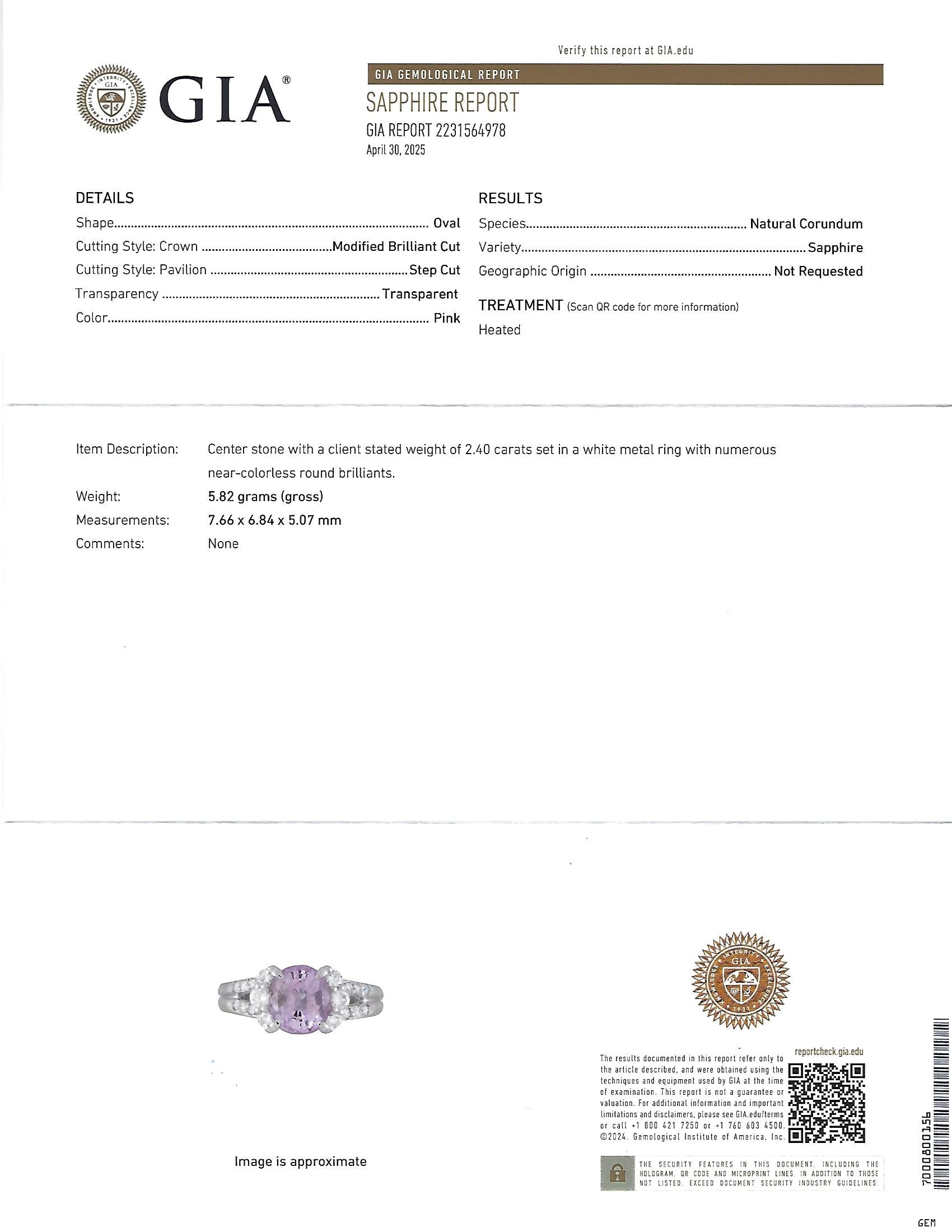 Fine 2.40ct GIA Certified Pink Sapphire & 0.34ct Diamond Platinum Ring Size 5