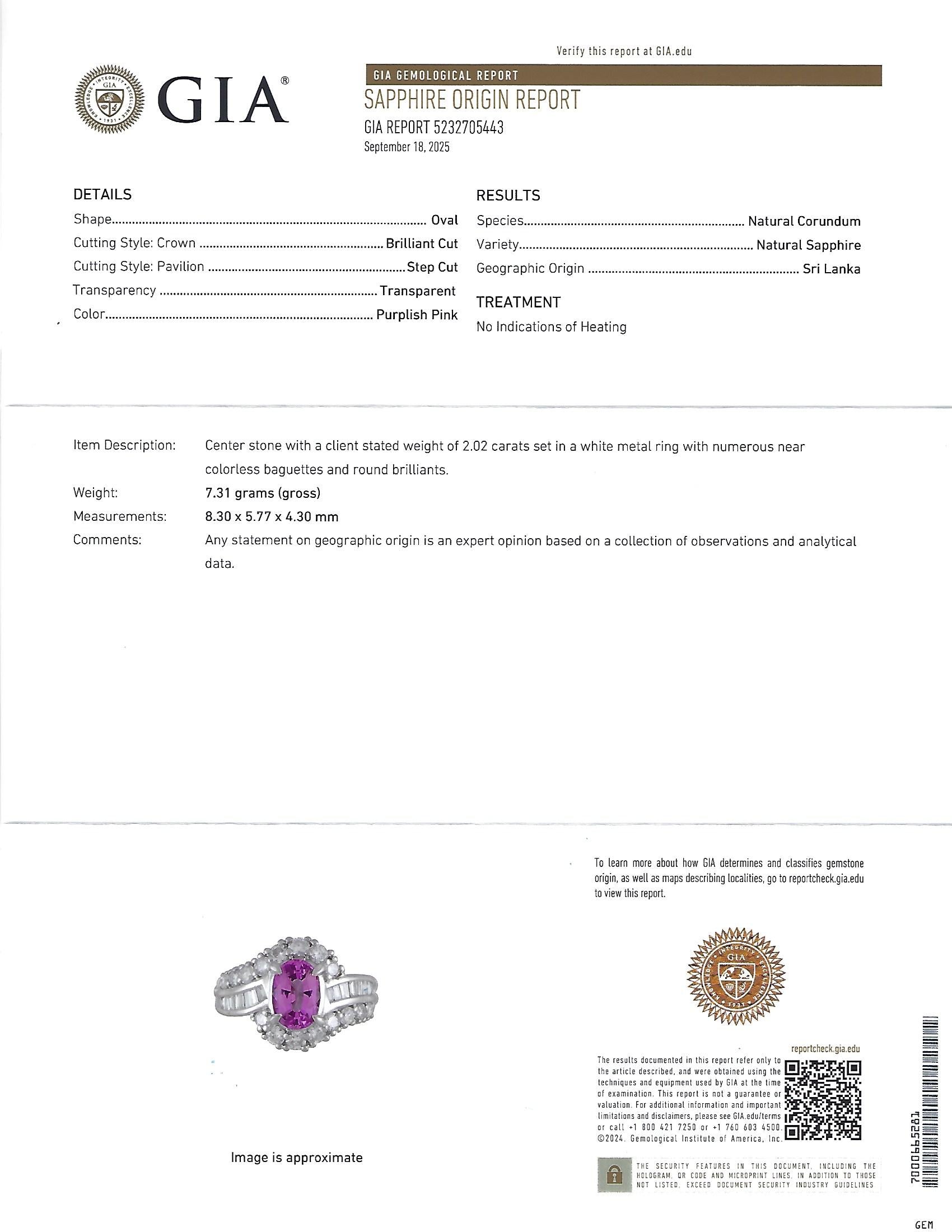 2.02ct GIA Ceylon No Heat Pink Sapphire 1.00ct Diamond Platinum Ring Size 5.25