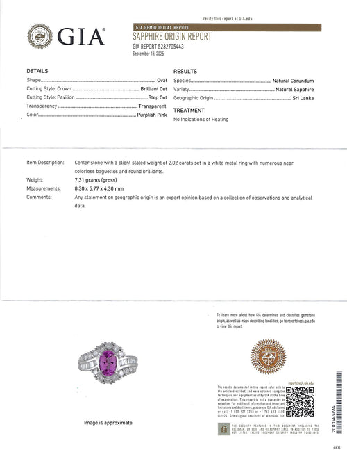 2.02ct GIA Ceylon No Heat Pink Sapphire 1.00ct Diamond Platinum Ring Size 5.25