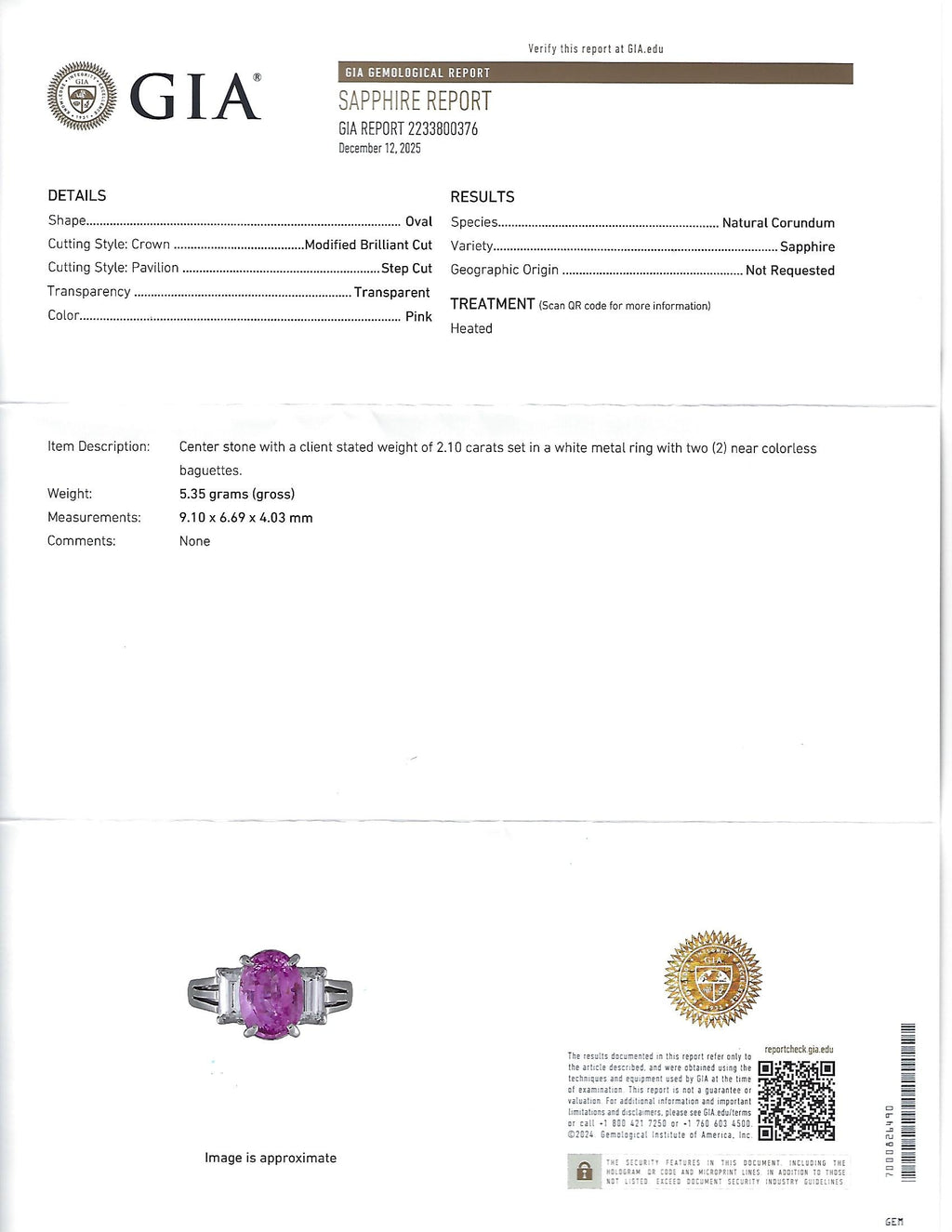 Rare 2.10ct GIA Certified Pink Sapphire 0.40ct Diamond Platinum Ring Size 5
