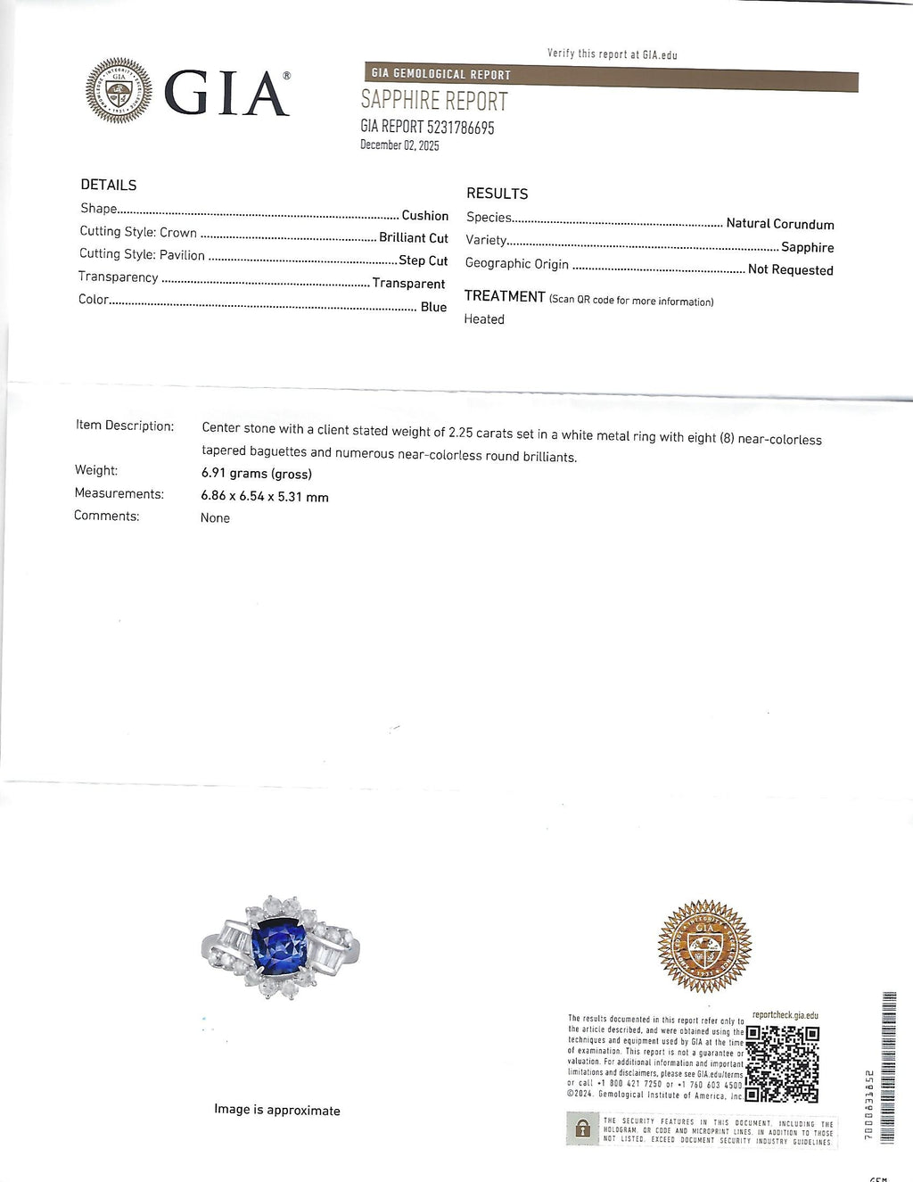 Fine 2.25ct GIA Blue Cushion Sapphire 0.80ct Diamond Platinum Ring, Size 7