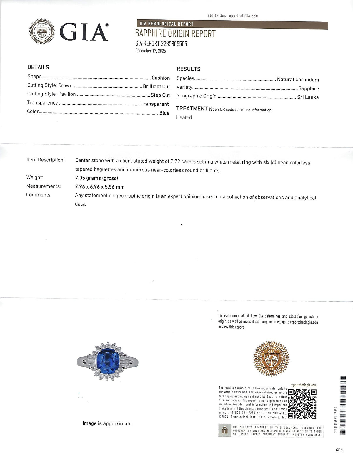 Fine 2.72ct GIA Ceylon Sapphire & 0.55ct Diamond Platinum Ring Size 6.75
