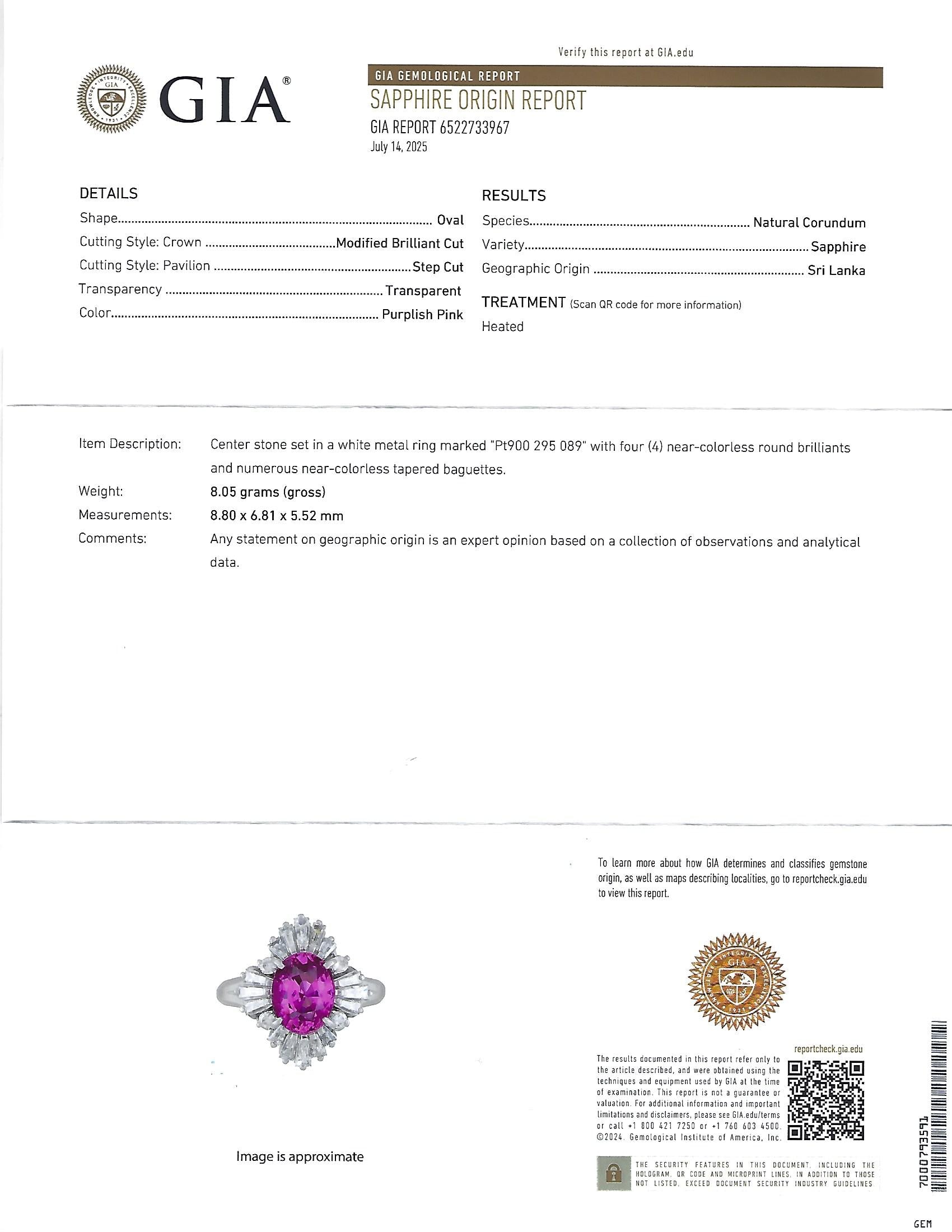 Fine 2.95ct GIA Vivid Pink Sapphire & 0.89ct Diamond Platinum Ring Size 5.75
