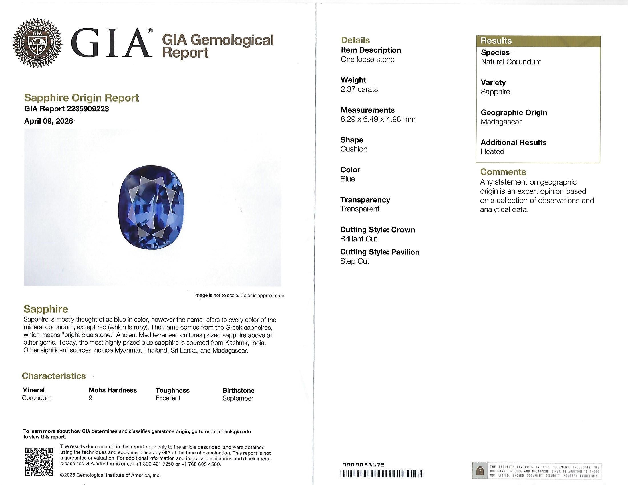 Fine 2.37ct GIA Madagascar Sapphire & 0.54ct Diamond Platinum Ring Size 6.75