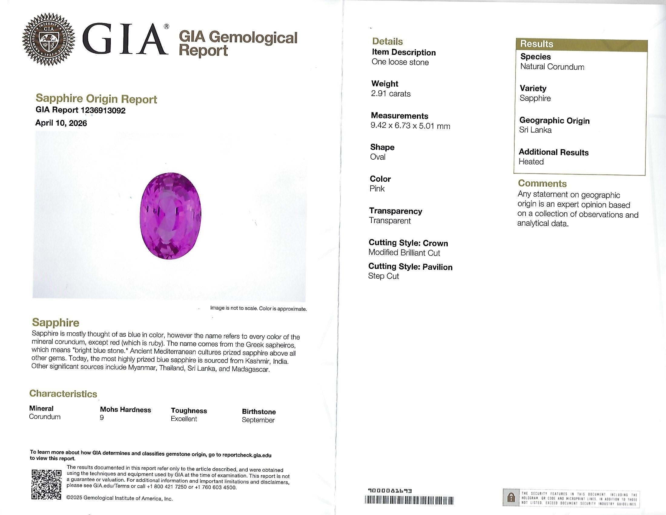 Fine 2.91ct GIA Vivid Pink Ceylon Sapphire & 0.54ct Diamond Platinum Ring Size 6