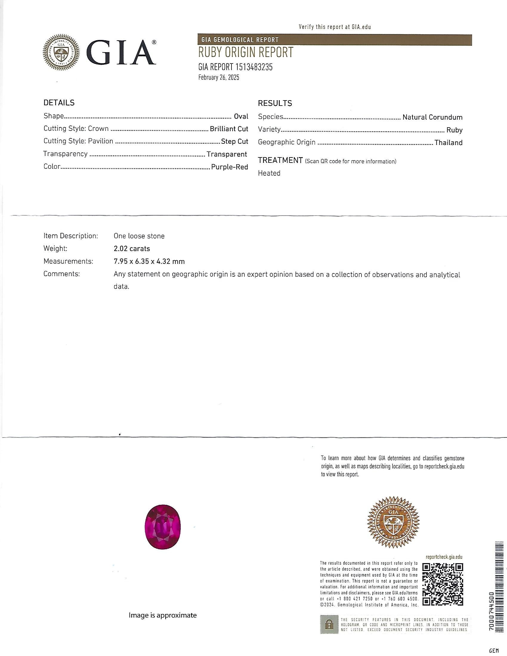 Fine Vintage 2.02ct GIA Thai Ruby & 0.83 Diamond Platinum Ring, Size 6
