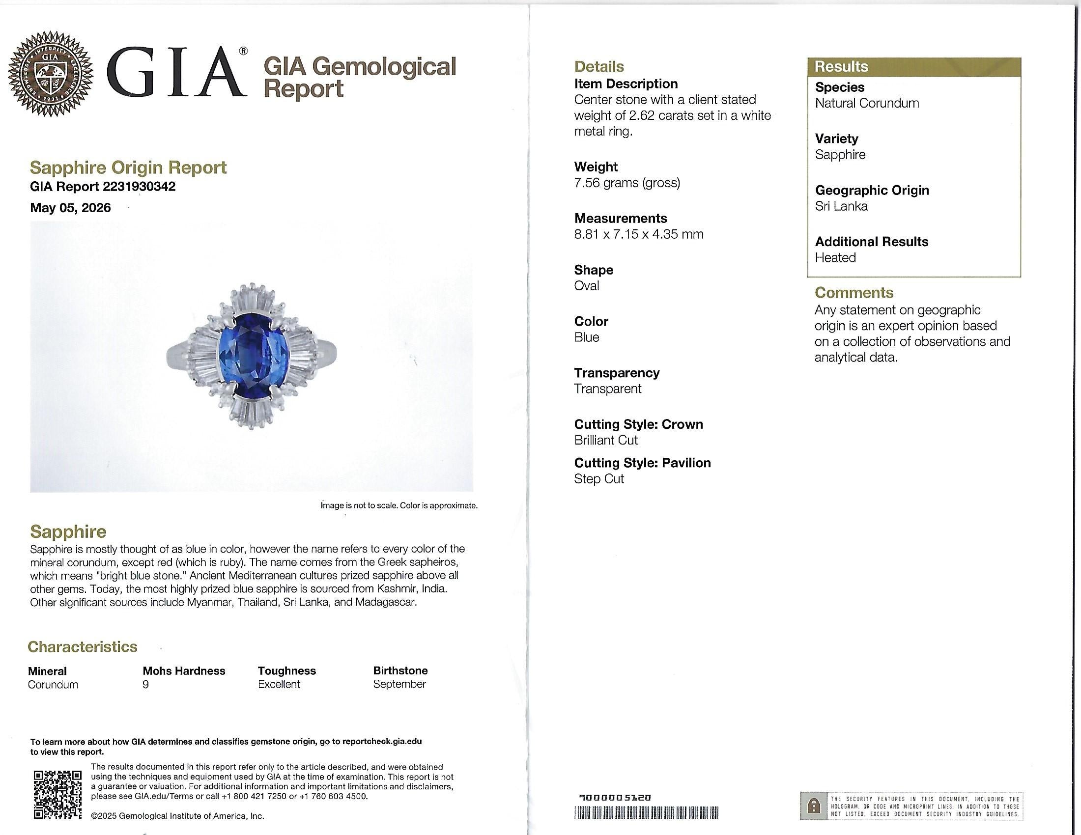 2.62ct GIA Ceylon Heated Sapphire & 0.47ct Diamond Platinum Ring Size 5.25, 7.5g
