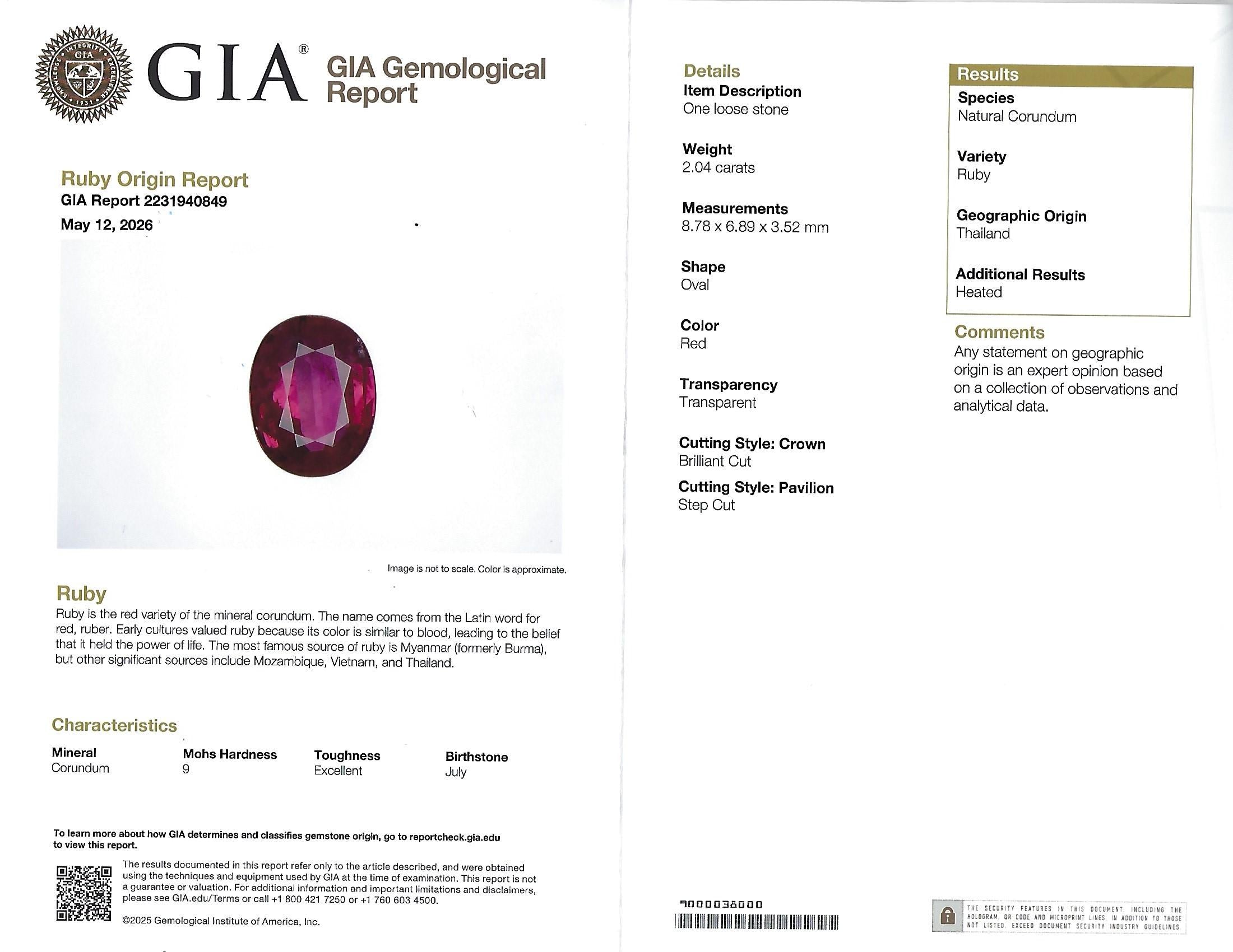 Vintage 2.04ct GIA Certified Thai Ruby & 0.49ct Diamond Platinum Ring, Size 5.25
