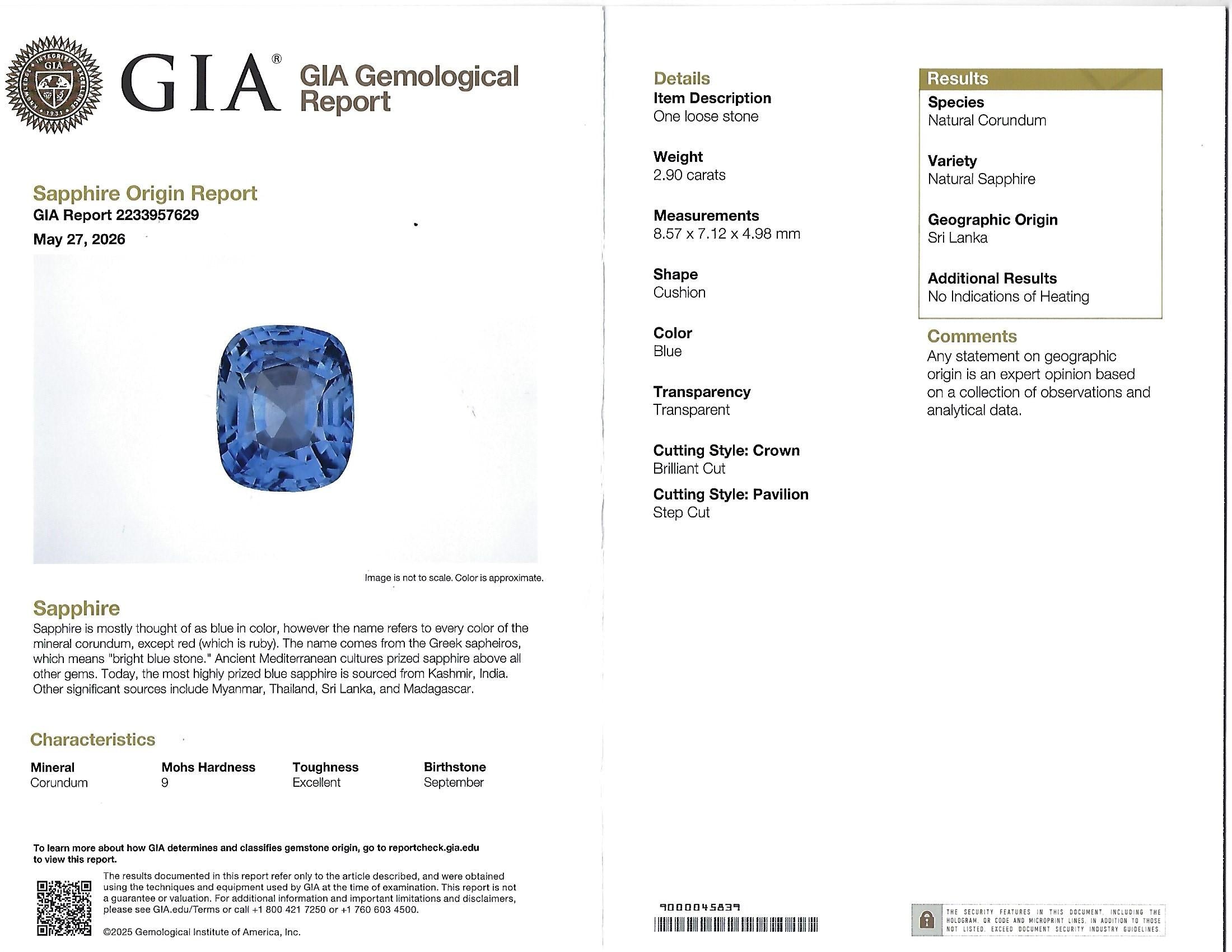 2.90ct GIA Ceylon No Heat Blue Sapphire & 1.33ct Diamond Platinum Ring Size 7.25