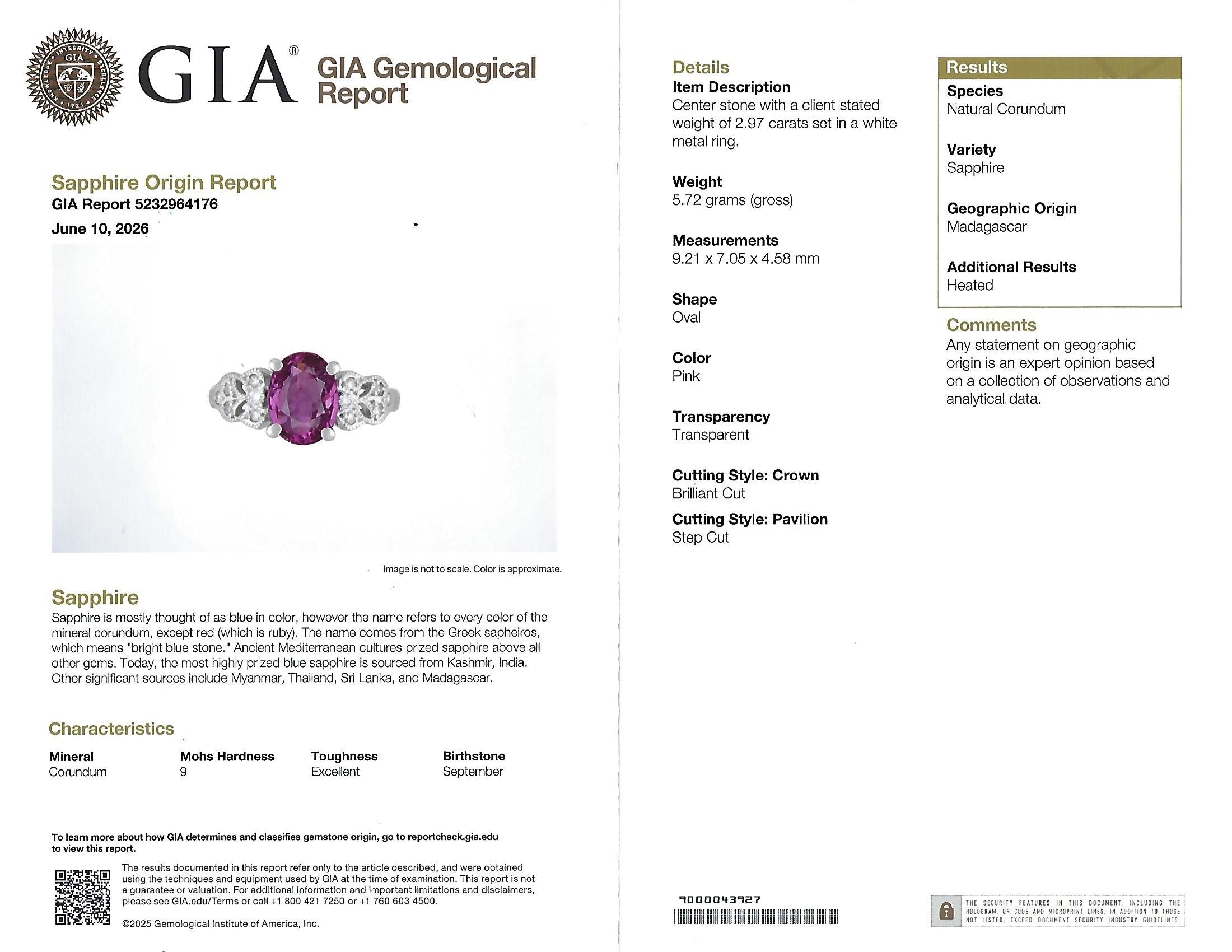 Fine 2.97ct GIA Madagascar Pink Sapphire & 0.13ct Diamond Platinum Ring Size 5