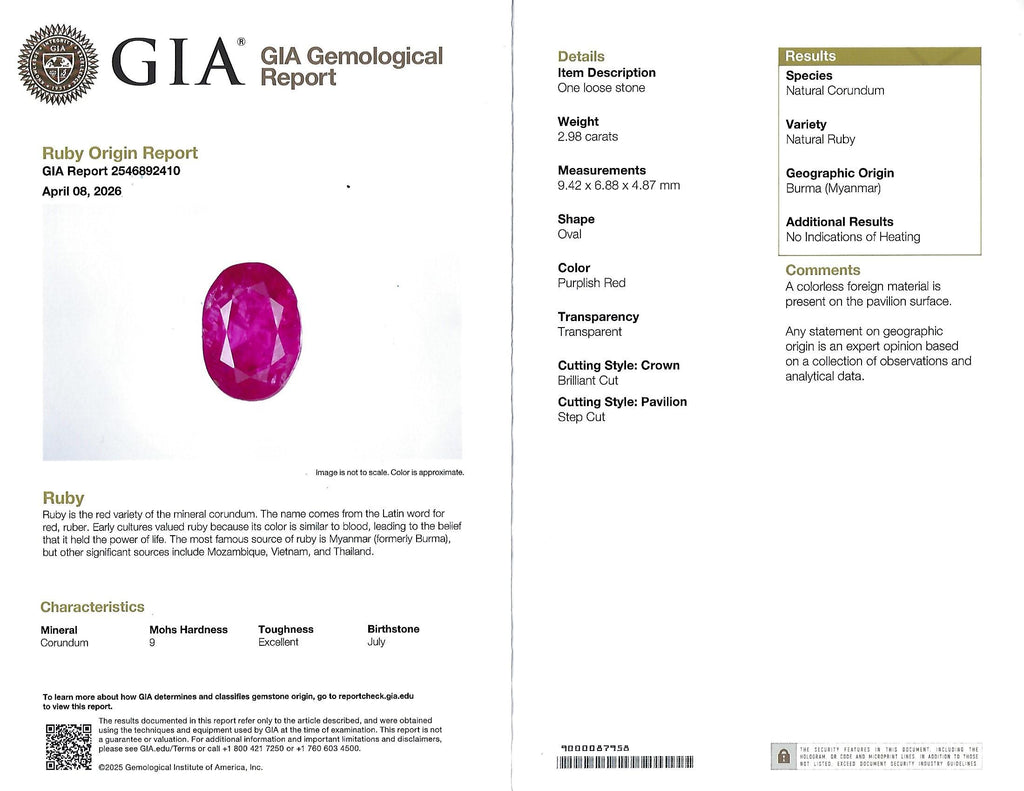 Rare 2.98ct GIA Burma NO HEAT Natural Ruby & 0.34ct Diamond Platinum Ring Size 6