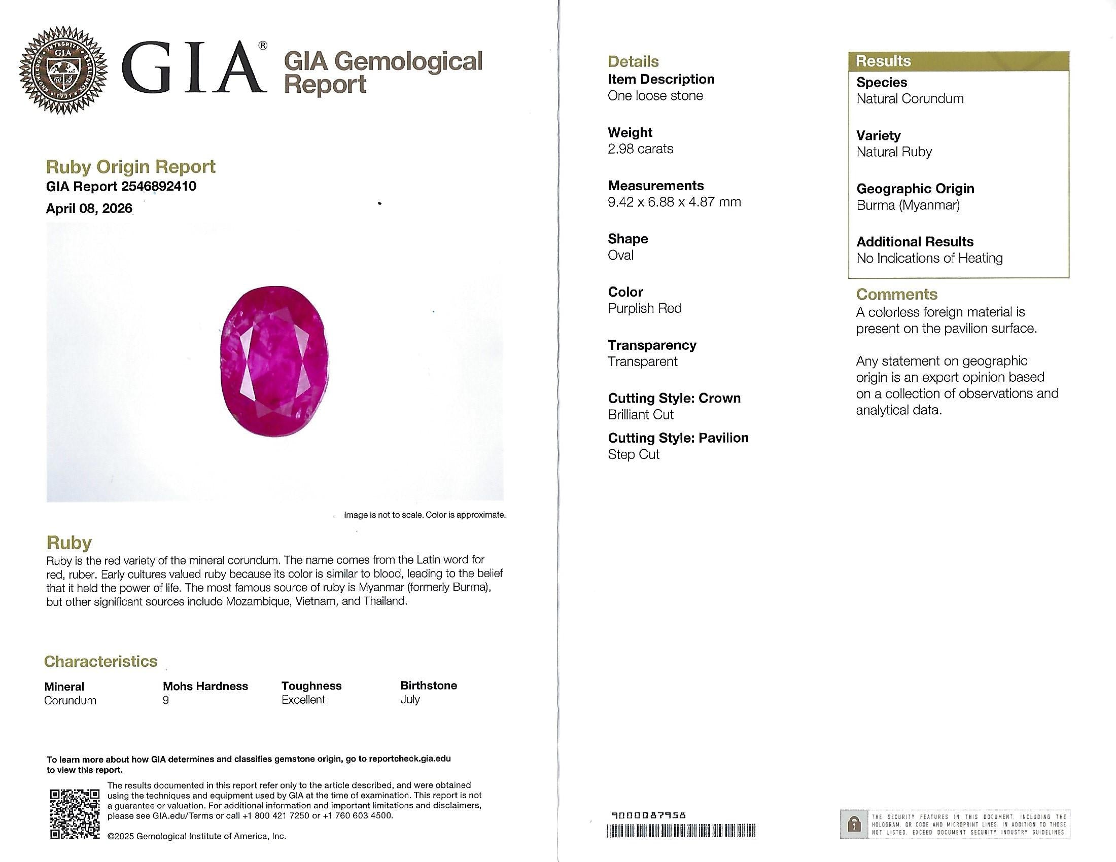 Rare 2.98ct GIA Burma NO HEAT Natural Ruby & 0.34ct Diamond Platinum Ring Size 6