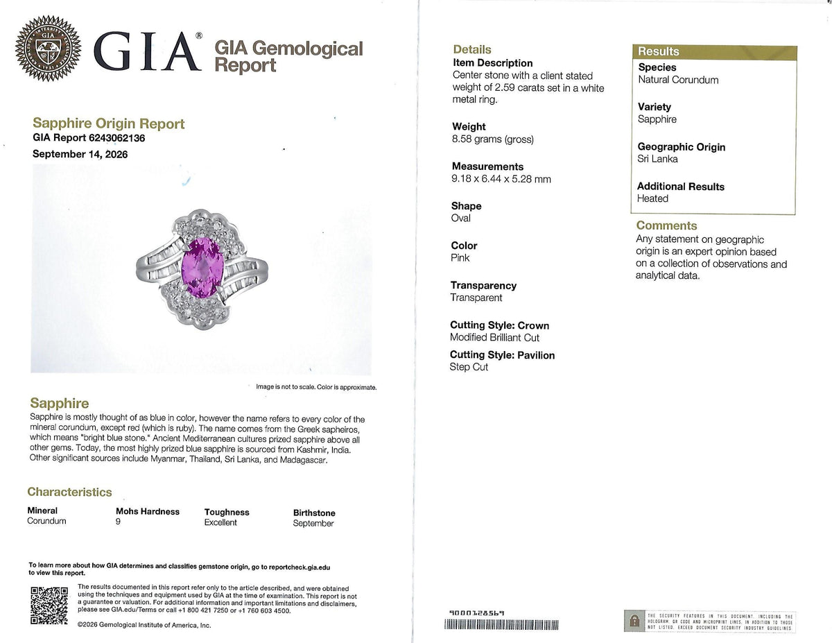 2.59ct GIA Ceylon Natural Pink Sapphire & 0.56ct Diamond Platinum Ring Size 6.75