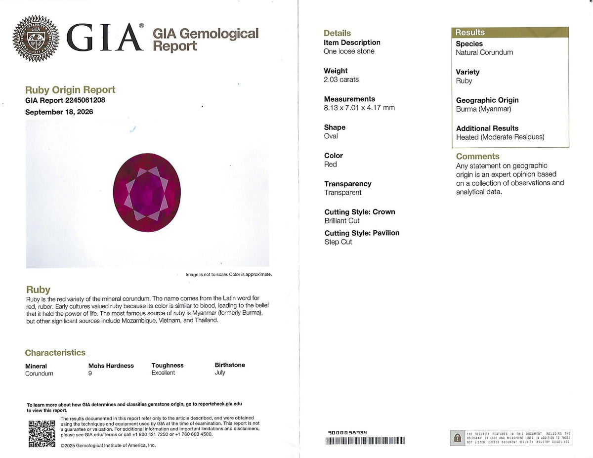 Fine 2.03ct GIA Intense Red Burma Ruby & 0.38ct Diamond Platinum Ring, Size 8.25