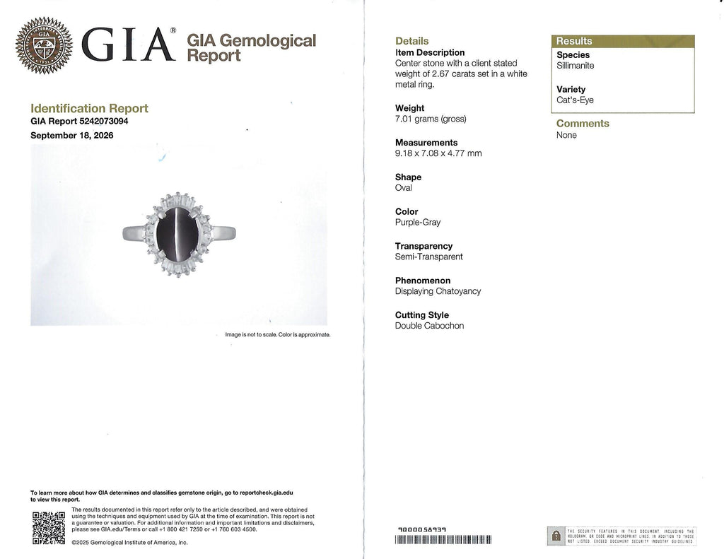 Estate 2.67ct GIA Sillimanite Cat's Eye & 0.41ct Diamond Platinum Ring, Size 7