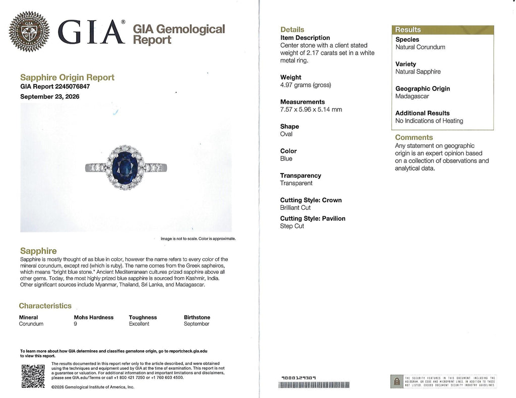 2.17ct GIA Natural NO HEAT Blue Sapphire 0.43ct Diamond Platinum Ring Size 6.25