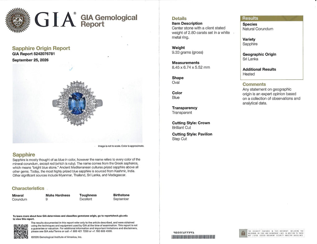 2.80ct GIA Ceylon Cornflower Blue Sapphire & 0.58ct Diamond Platinum Ring Size 7