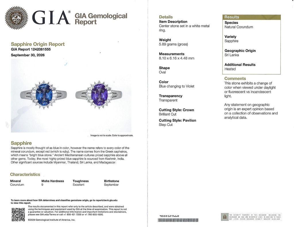 2.07ct GIA Ceylon Color Change Sapphire & 0.28ct Diamond Platinum Ring, Size 5
