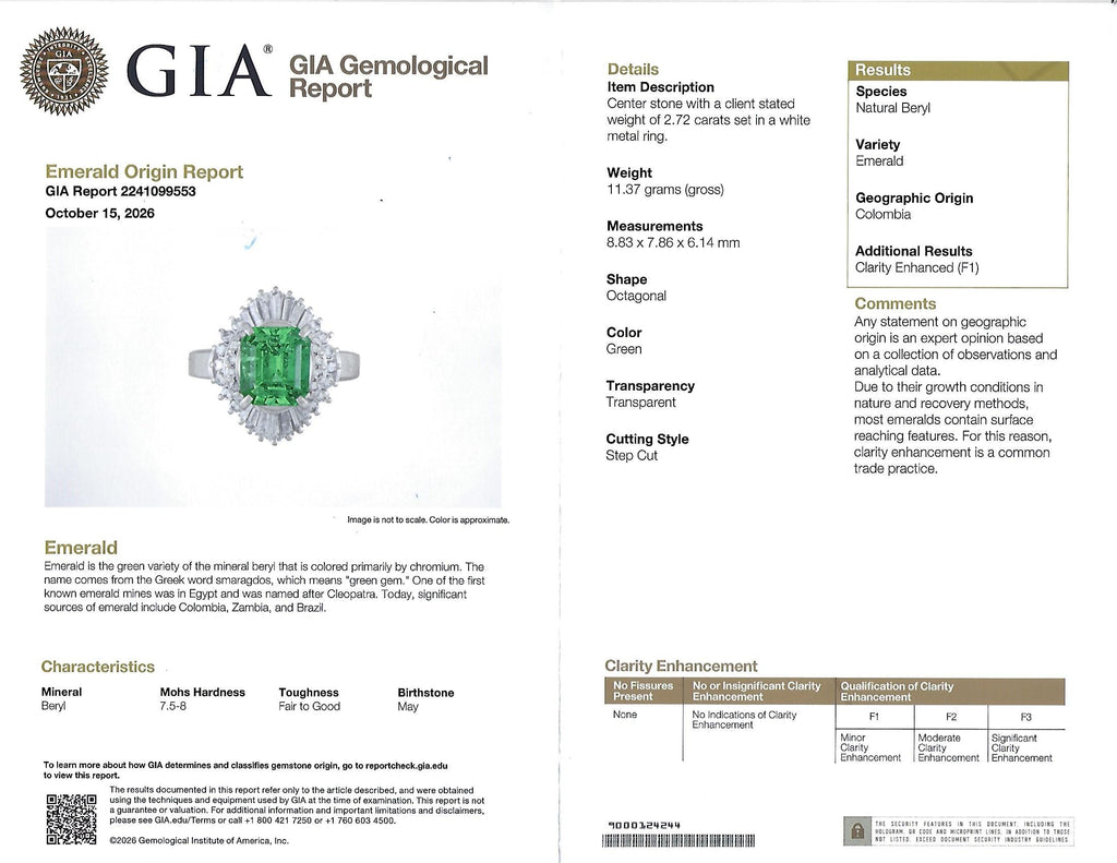 2.72ct GIA Colombia Intense Green Emerald &0.92ct Diamond Platinum Ring Size 5.5